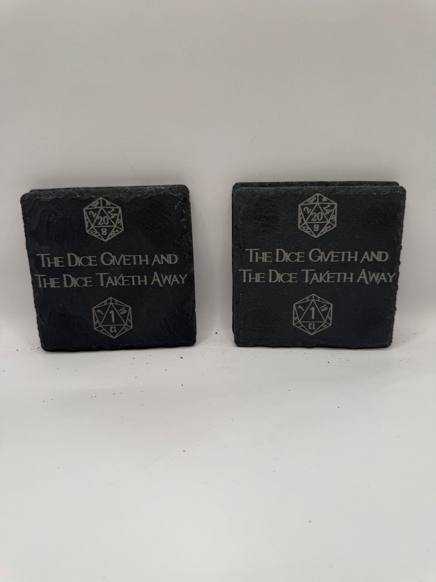 D20 Slate Coasters for Tabletop Gaming, Black with Dice Design, Set of 4