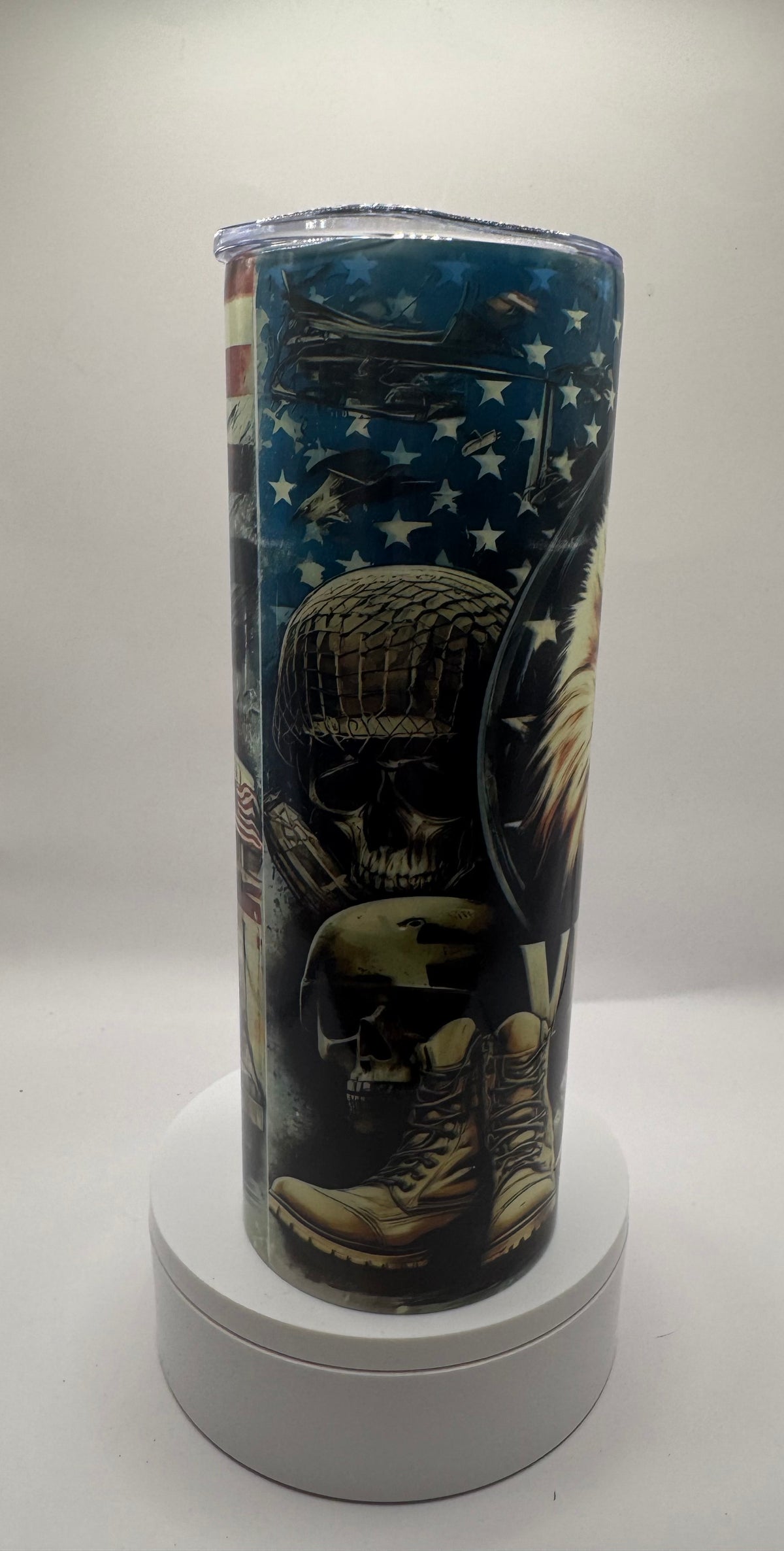 Veteran Military Stainless Steel Tumbler, 20oz, Patriotic Eagle Design with American Flag, Military Combat Theme