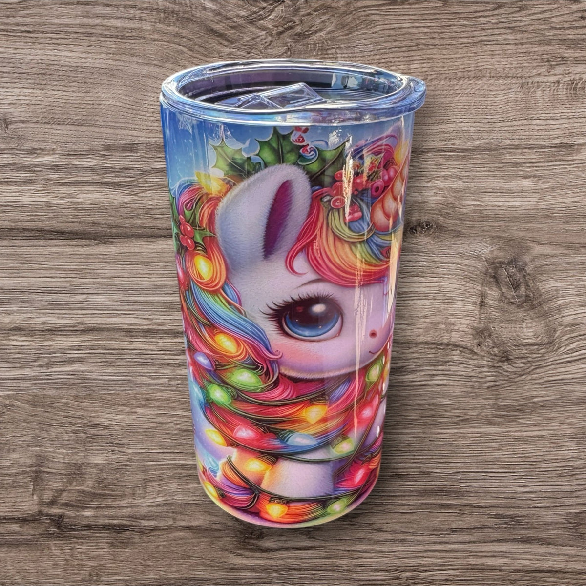 Whimsical Fantasy Art Tumbler, Double Wall Insulated Cup with Lid, Rainbow Design, Clear Acrylic Travel Mug, Holiday Theme Drinkware