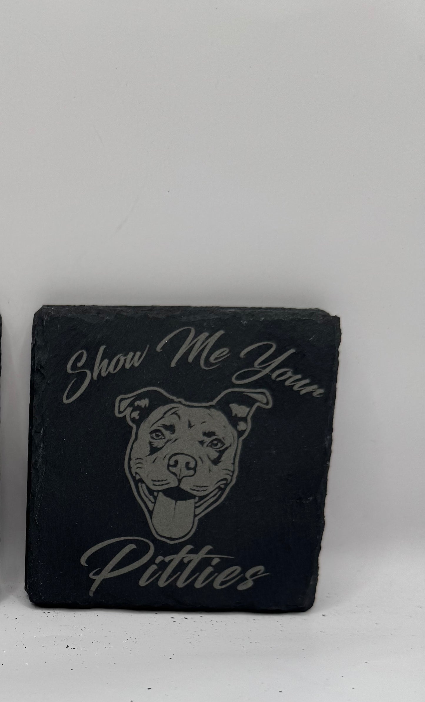 Show Me Your Pitties Slate Stone Coaster, Black with Dog Design, Decorative Drink Holder, Set of 4