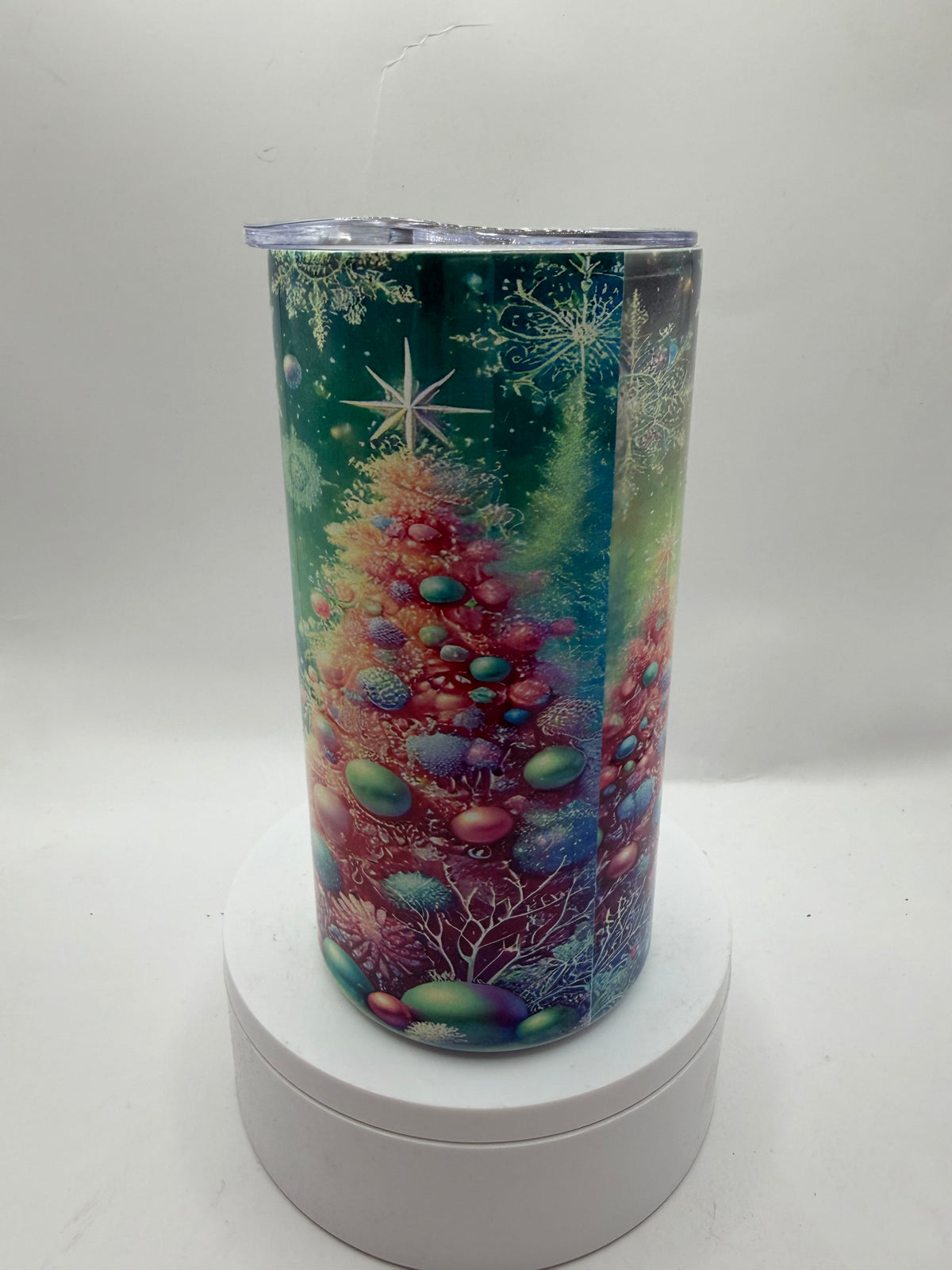 Liquid Motion Tumbler with Snowflake Design, Green Multi-Color, 12 oz, Stainless Steel, Cylindrical, Reusable, with Lid