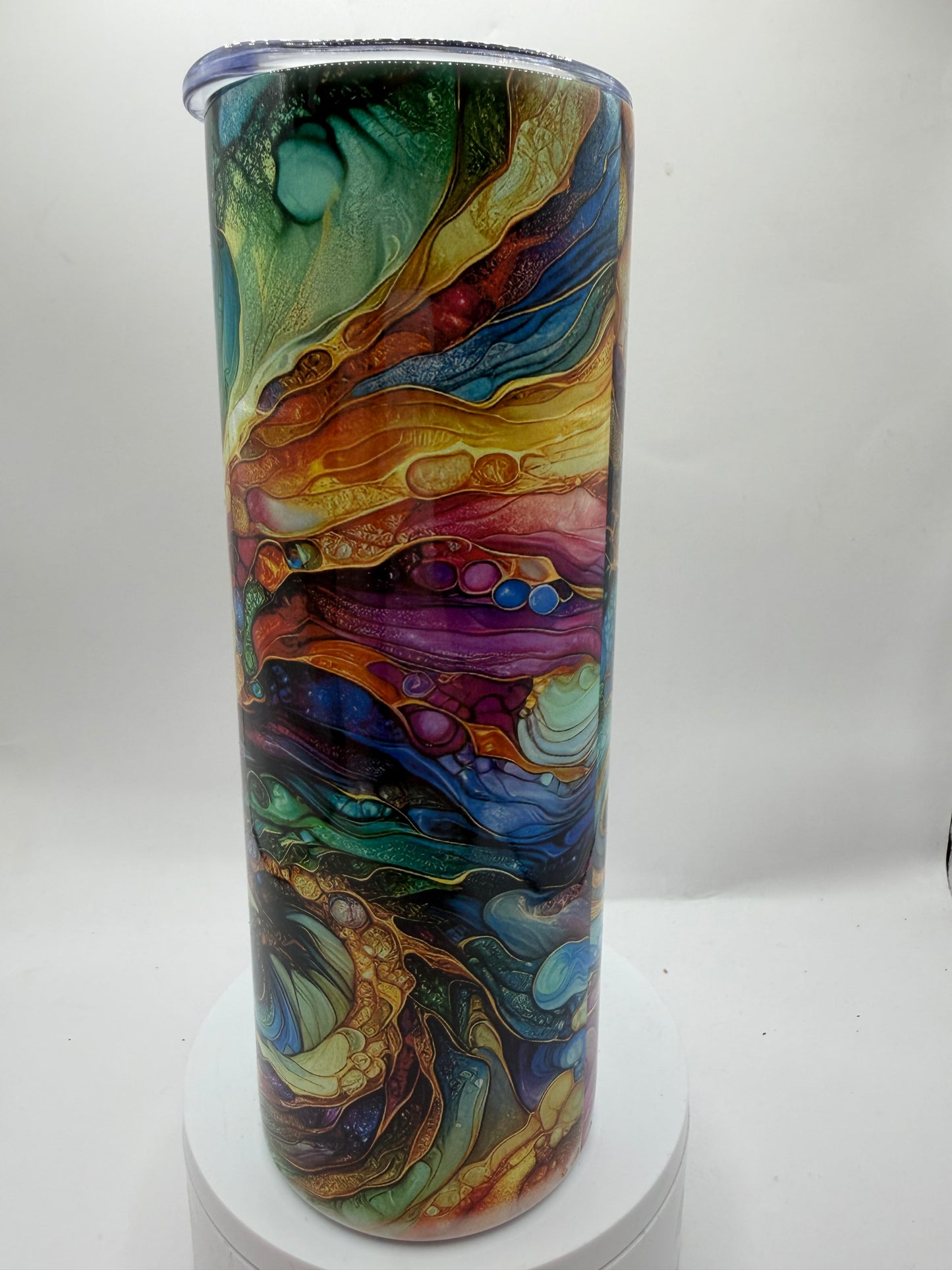 Handcrafted Tumbler with Dragon Abstract Marble Design, Multi-Color Glass Art, Decorative Drinking Cup, Swirled Pattern
