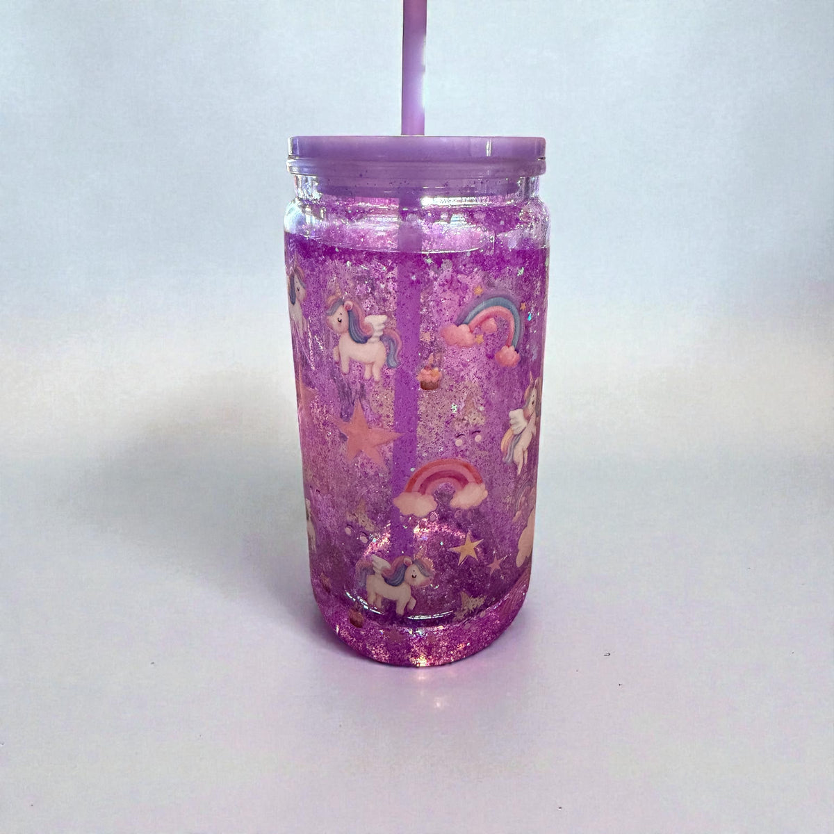 Purple Glitter Tumbler with Straw, Unicorn Rainbow Design, Mason Jar Style Cup with Lid