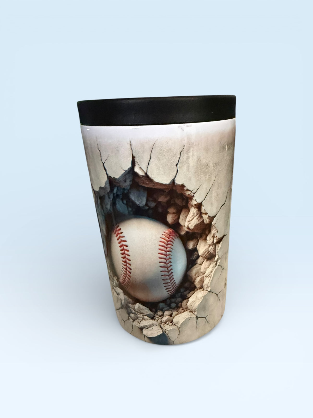 Baseball Cracked Wall Design Can Cooler with Black Rim, Sports Theme Beverage Insulator