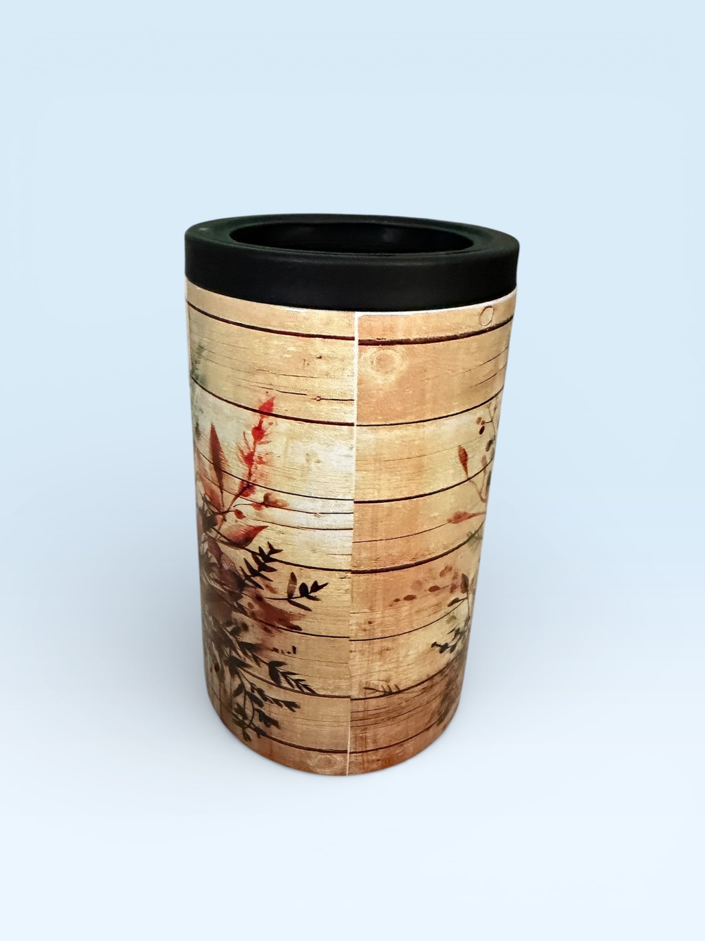 Rustic Deer and Floral Design Can Cooler, Insulated Beverage Holder with Wood Grain Pattern