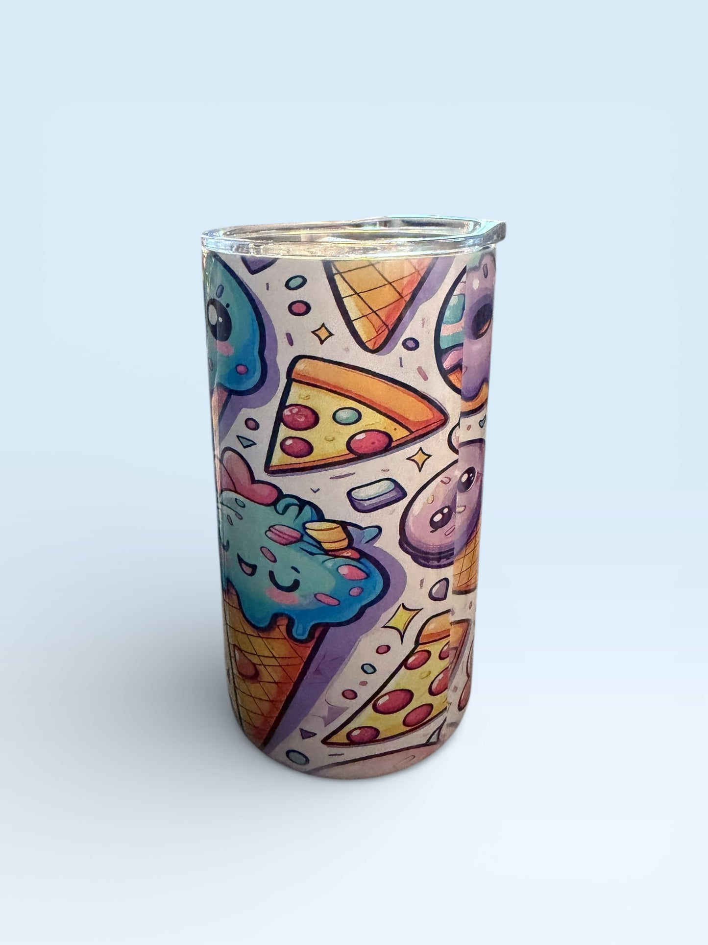 Cute Kawaii Food Pattern Tumbler, 12oz Insulated Drinkware with Ice Cream Donuts Pizza Design