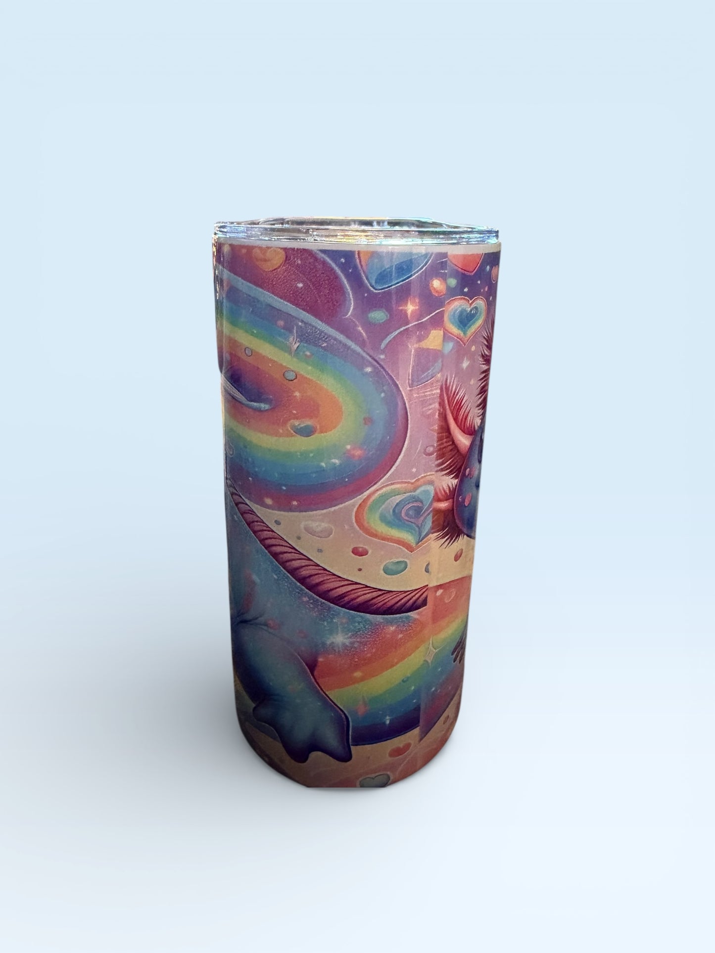 Insulated Tumbler with Cute Axolotl Design, Rainbow Hearts and Stars Theme, 12oz Capacity