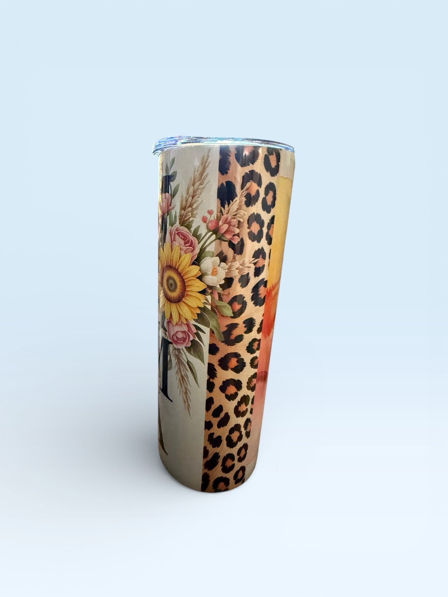 Insulated Tumbler with Lid, Mama Floral Sunflower Design, Leopard Print, Gradient Tan Brown, 20oz Skinny