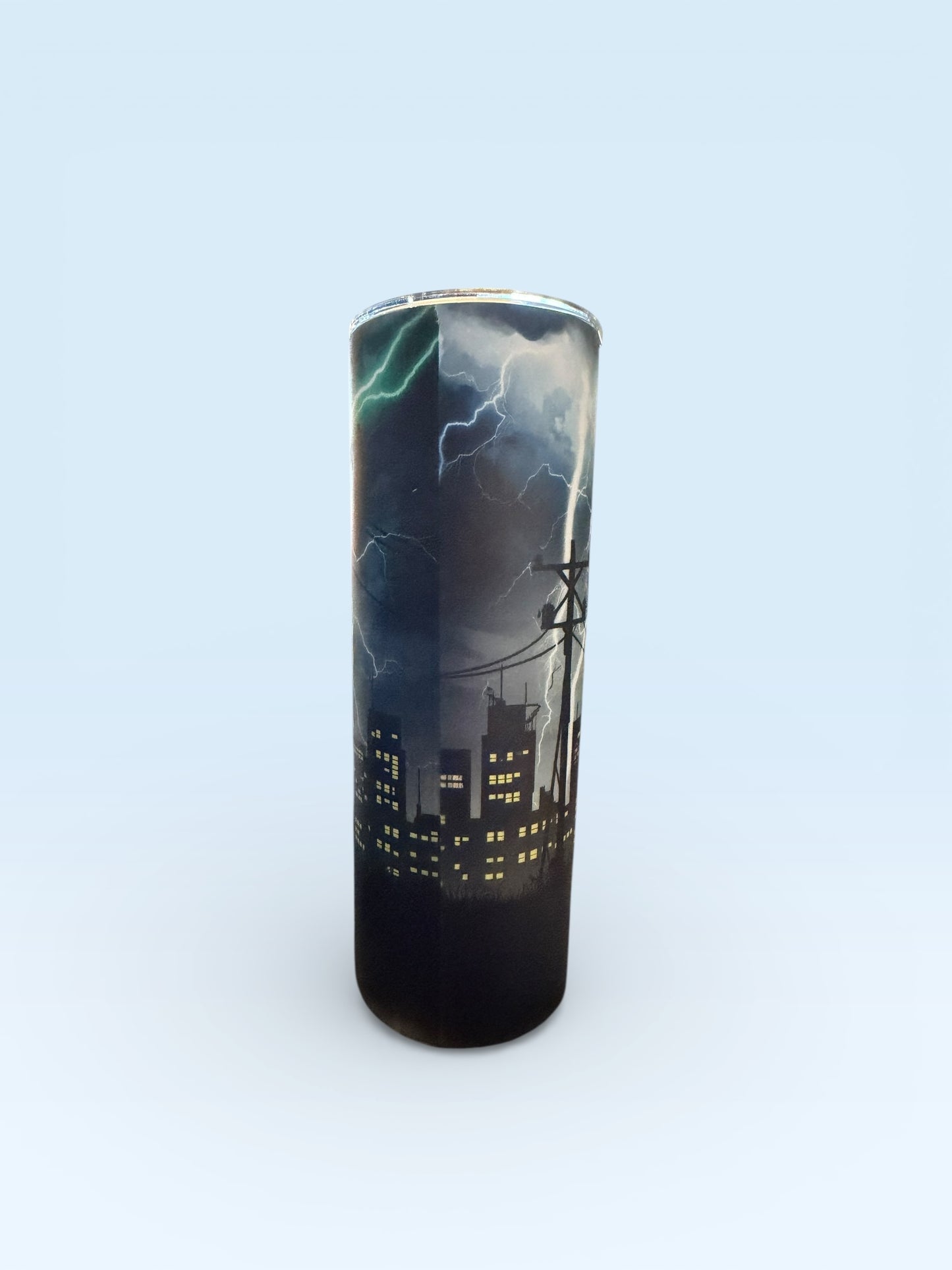 Glow-In-The-Dark Lineman Tumbler, Insulated Skinny Tumbler, Storm Lightning Design, City Skyline Theme, 20oz