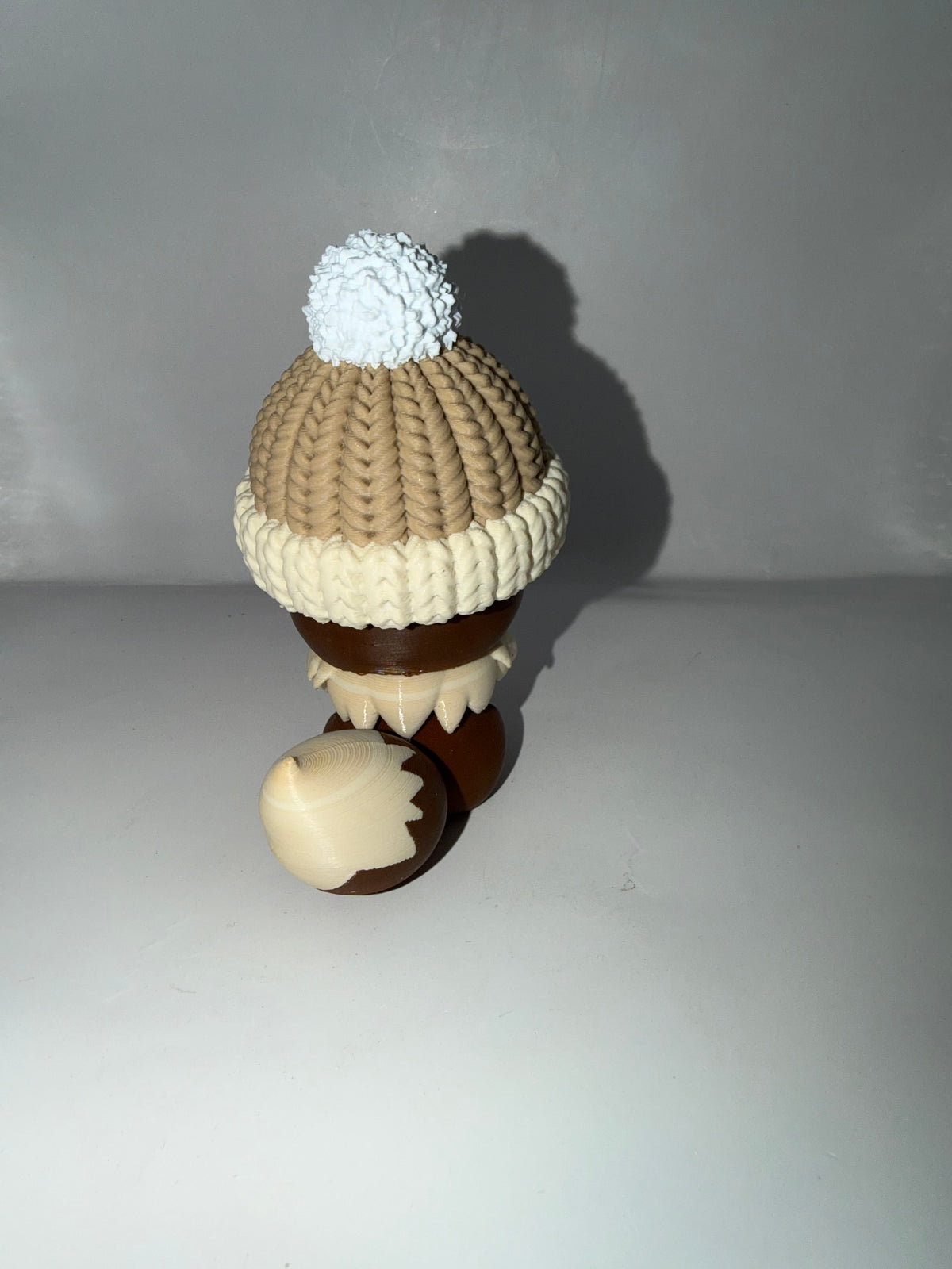 3D Printed Cute Character Figurine with Knit Beanie Hat, Brown and Cream, Collectible Desk Decor
