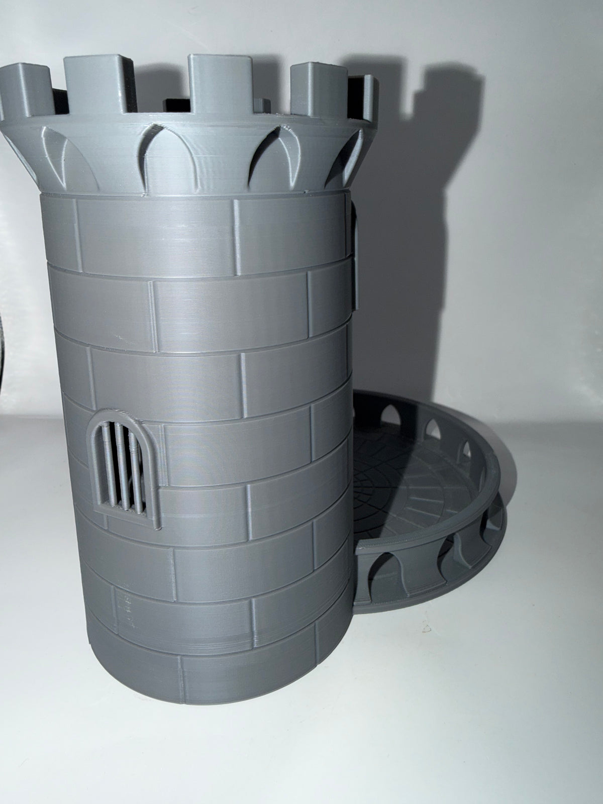 3D Printed Dice Roller Tower, Gray, Cylindrical Design with Circular Base Tray