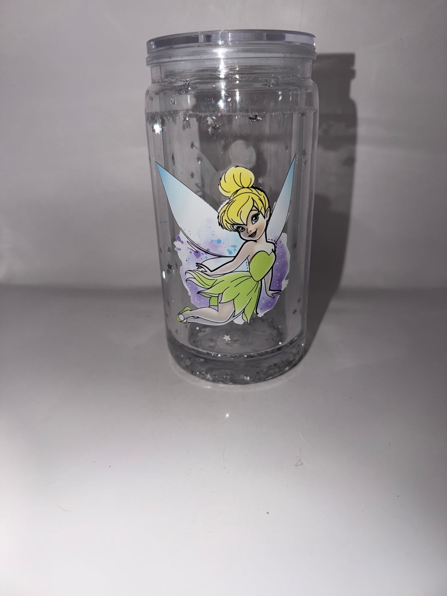 Tinker Bell Glitter Tumbler Cup, Clear Plastic, Double Wall, Star Confetti