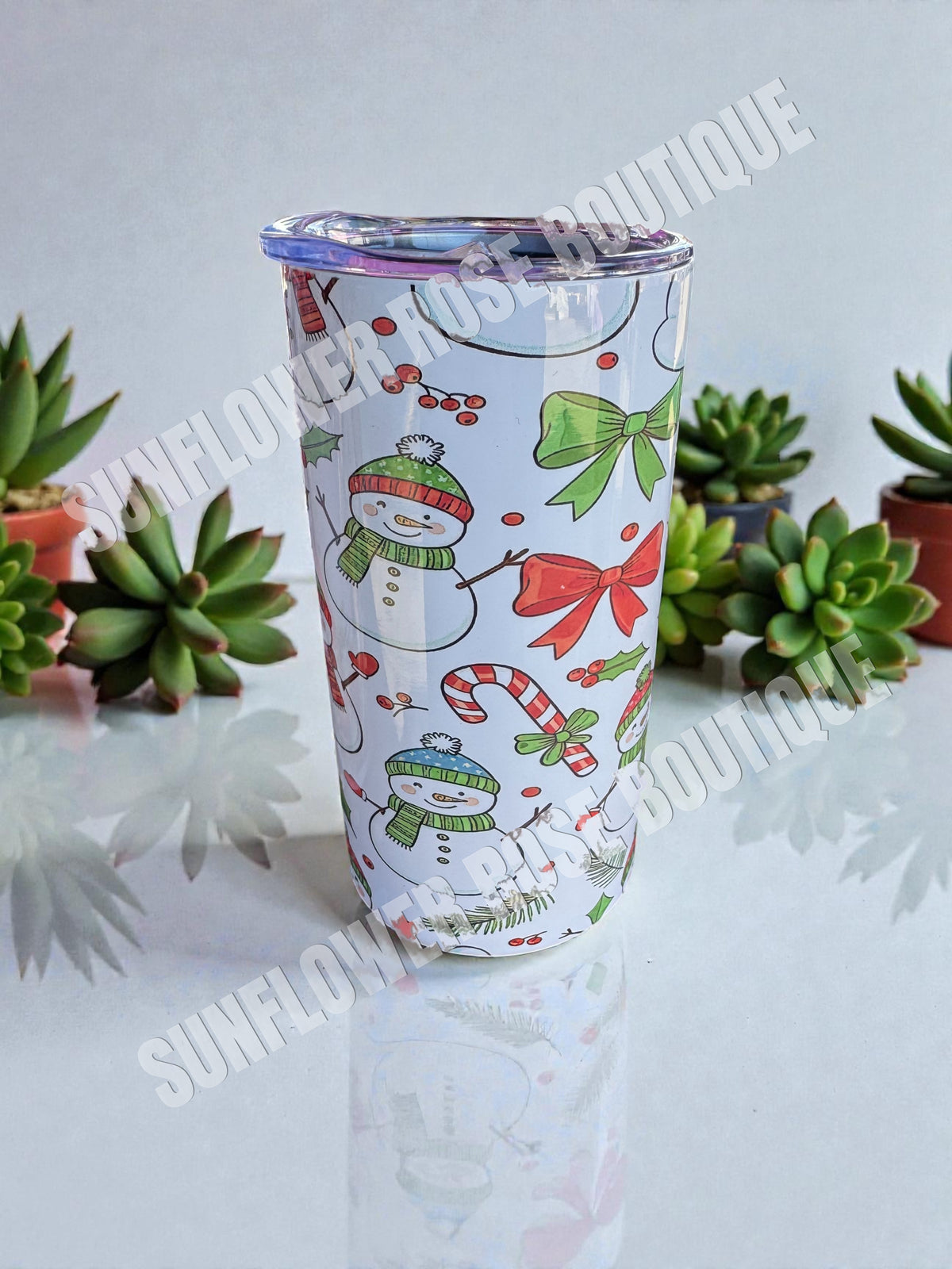 Insulated Tumbler with Lid, Snowman Christmas Holiday Theme, White with Festive Pattern