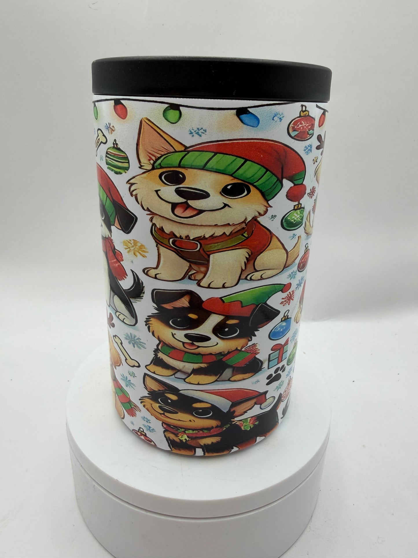 Christmas Holiday Dogs Can Cooler, Insulated Stainless Steel, Festive Pet Theme