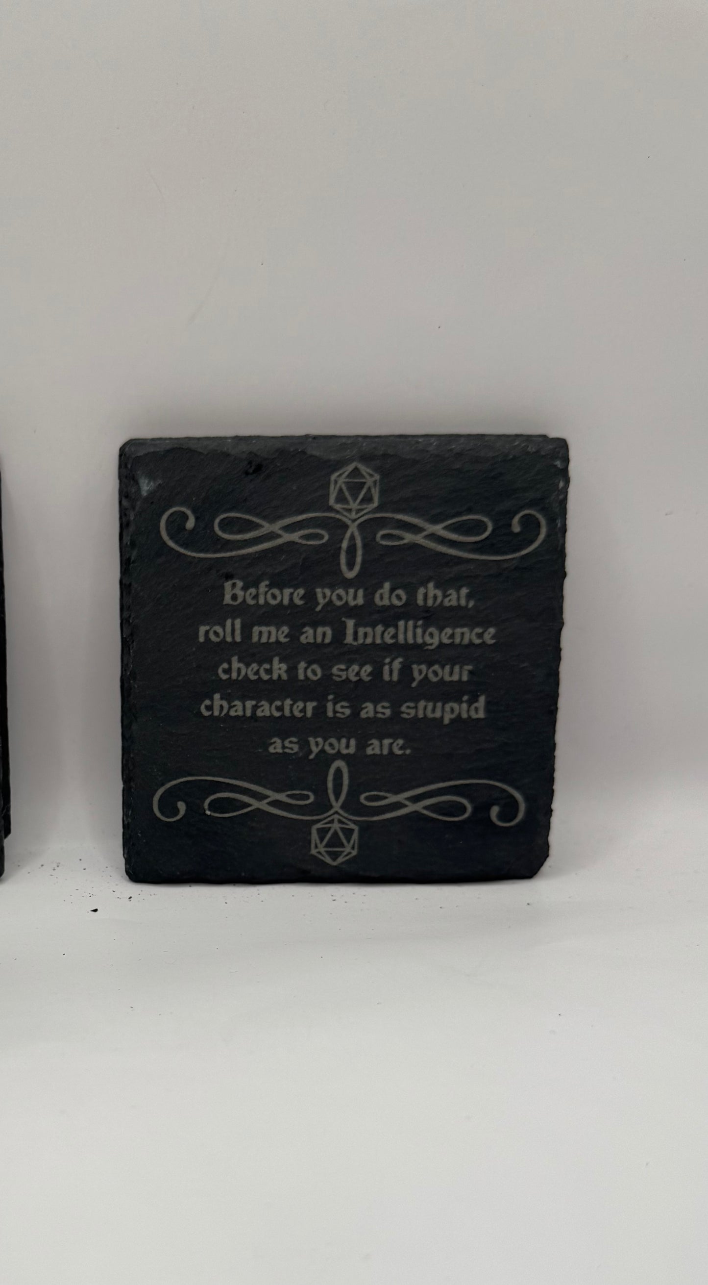 RPG Gaming Slate Coaster, Black Stone Decor with Intelligence Check Quote, Decorative Tabletop Plaque, Set of 4