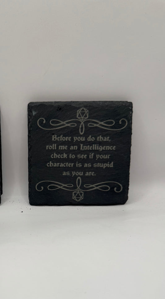RPG Gaming Slate Coaster, Black Stone Decor with Intelligence Check Quote, Decorative Tabletop Plaque, Set of 4