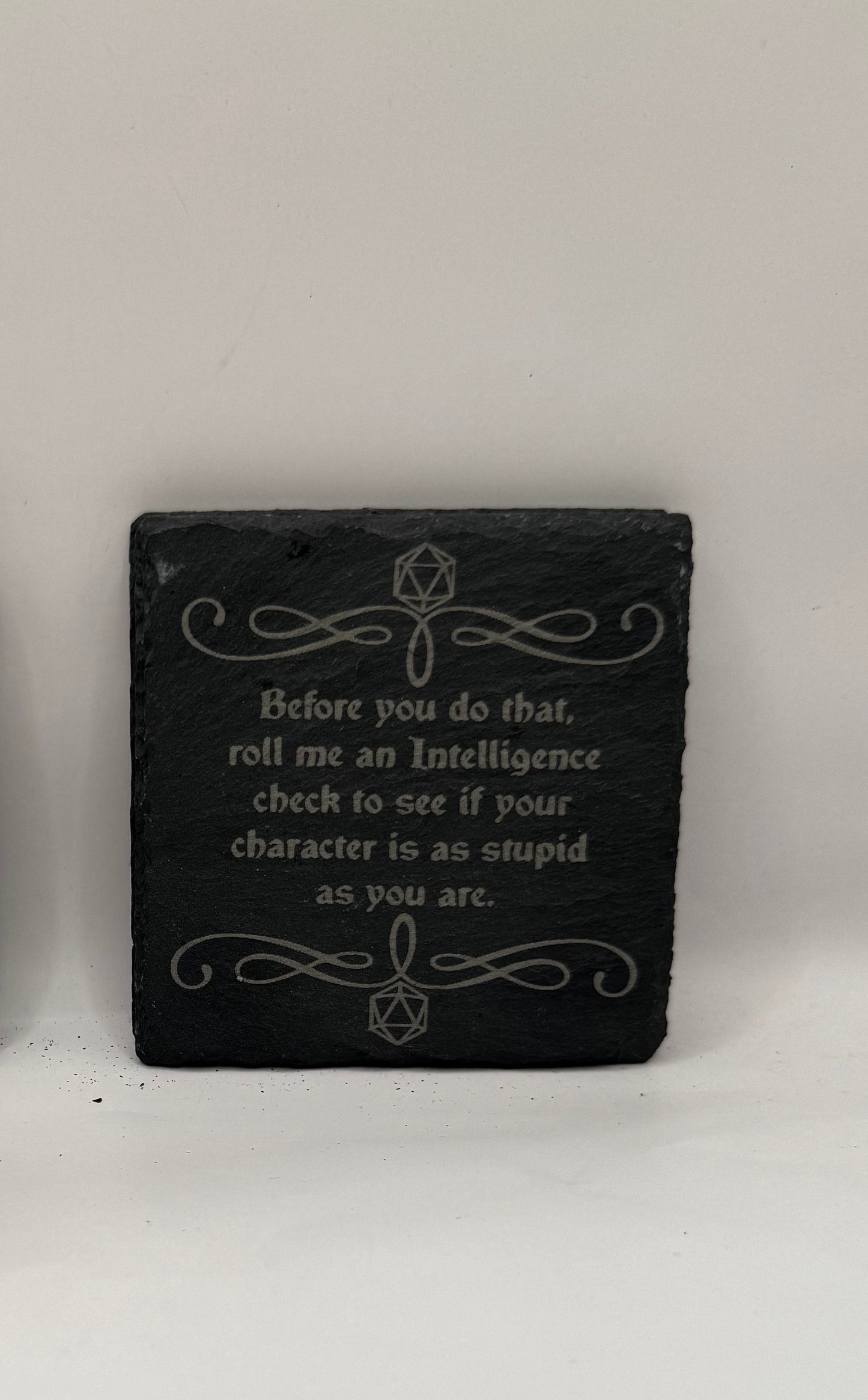 RPG Gaming Slate Coaster, Black Stone Decor with Intelligence Check Quote, Decorative Tabletop Plaque, Set of 4