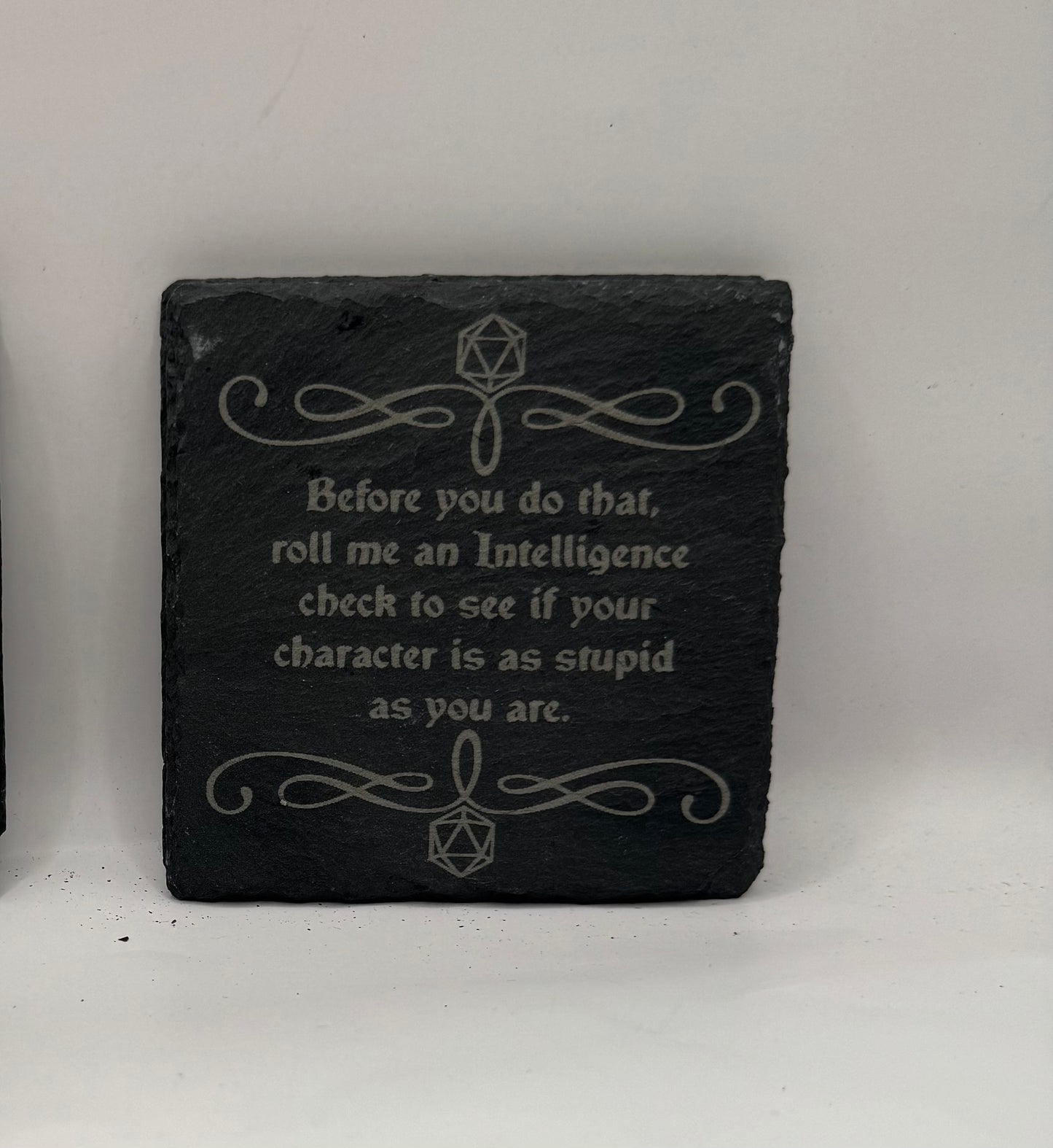 RPG Gaming Slate Coaster, Black Stone Decor with Intelligence Check Quote, Decorative Tabletop Plaque, Set of 4