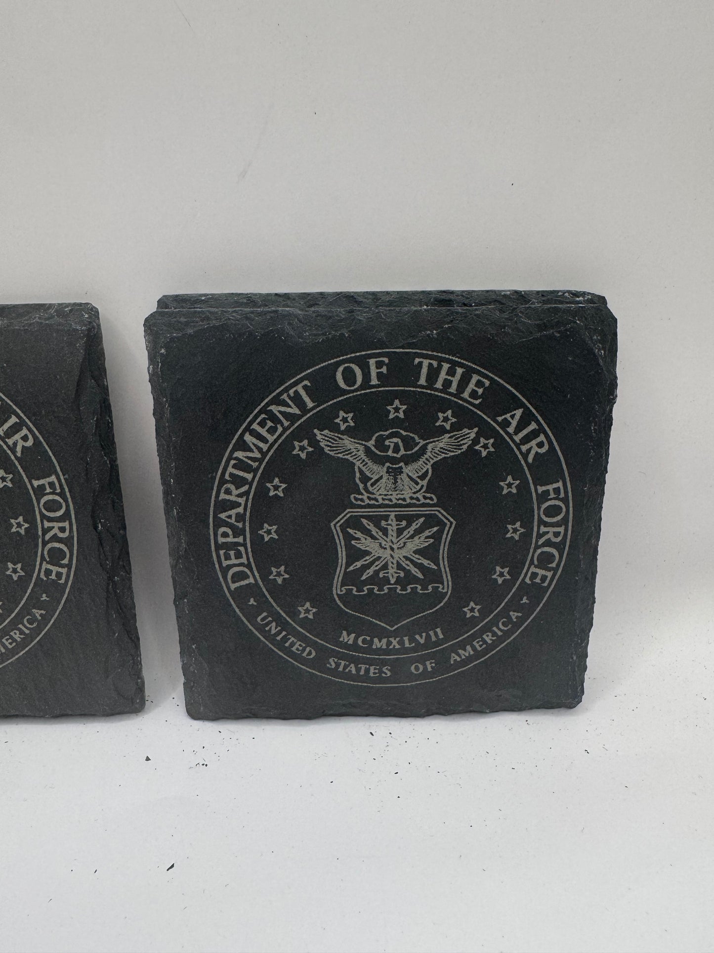 US Air Force Department Slate Coasters, Military Emblem Design, Black, Set of 4