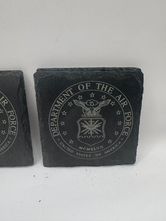 US Air Force Department Slate Coasters, Military Emblem Design, Black, Set of 4
