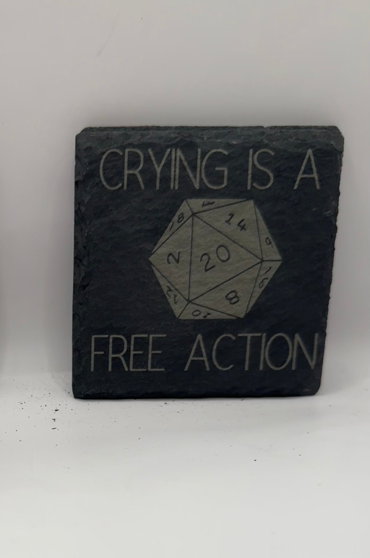 D20 Dice Slate Coaster with Gaming Quote, Tabletop RPG Decor, Black, Set of 4