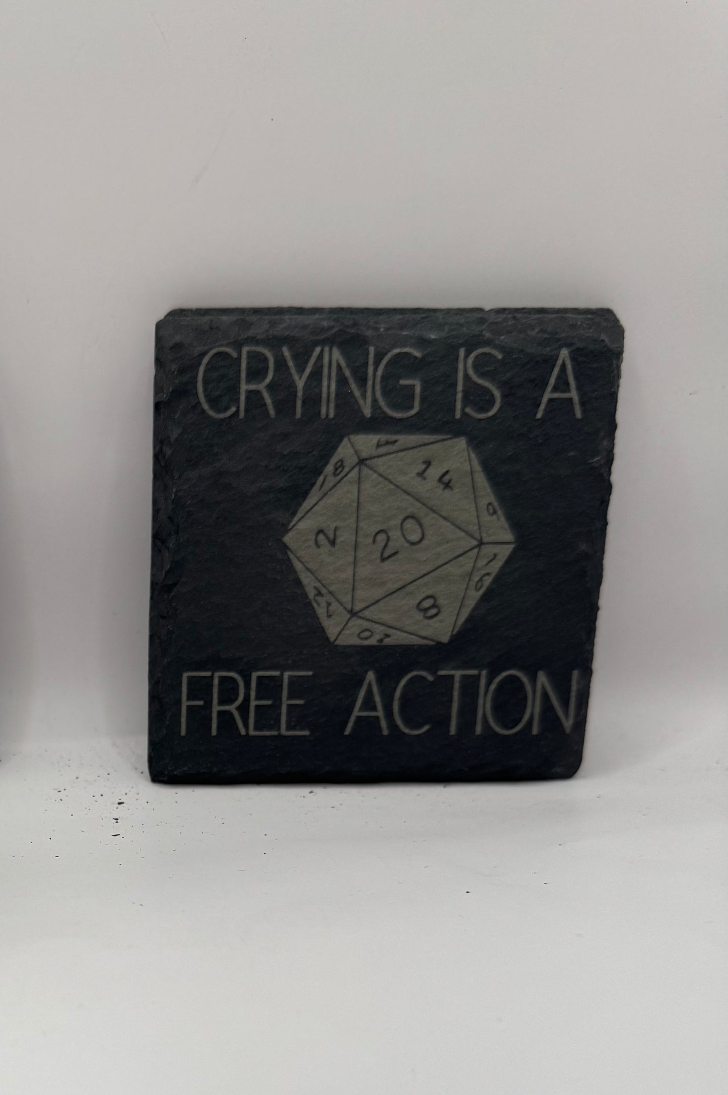 D20 Dice Slate Coaster with Gaming Quote, Tabletop RPG Decor, Black, Set of 4