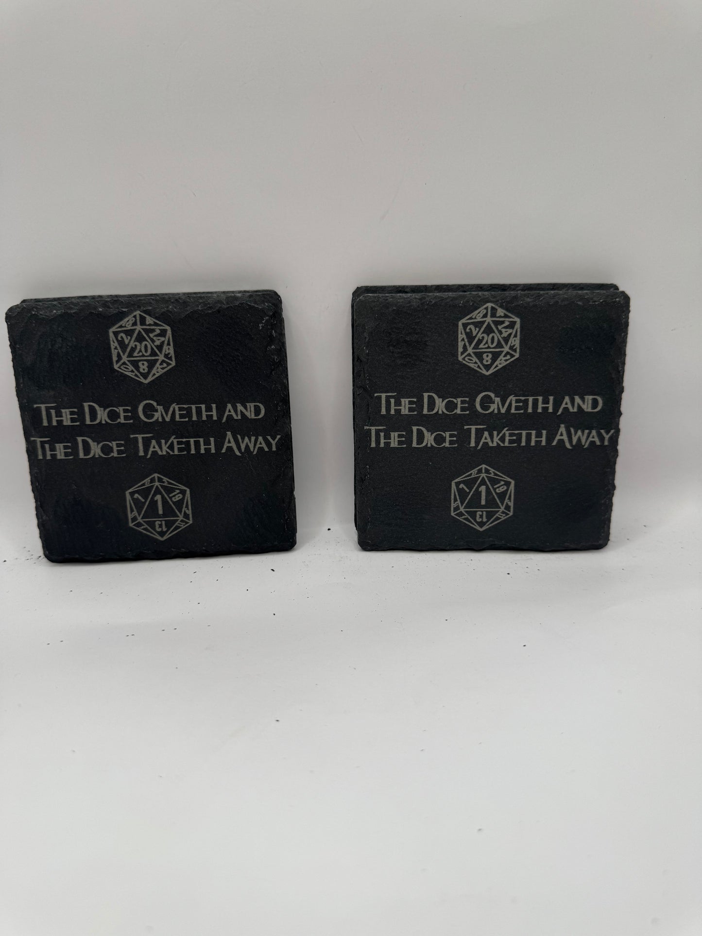 D20 Slate Coasters for Tabletop Gaming, Black with Dice Design, Set of 4