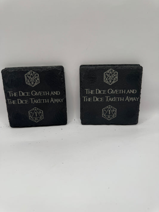 D20 Slate Coasters for Tabletop Gaming, Black with Dice Design, Set of 4