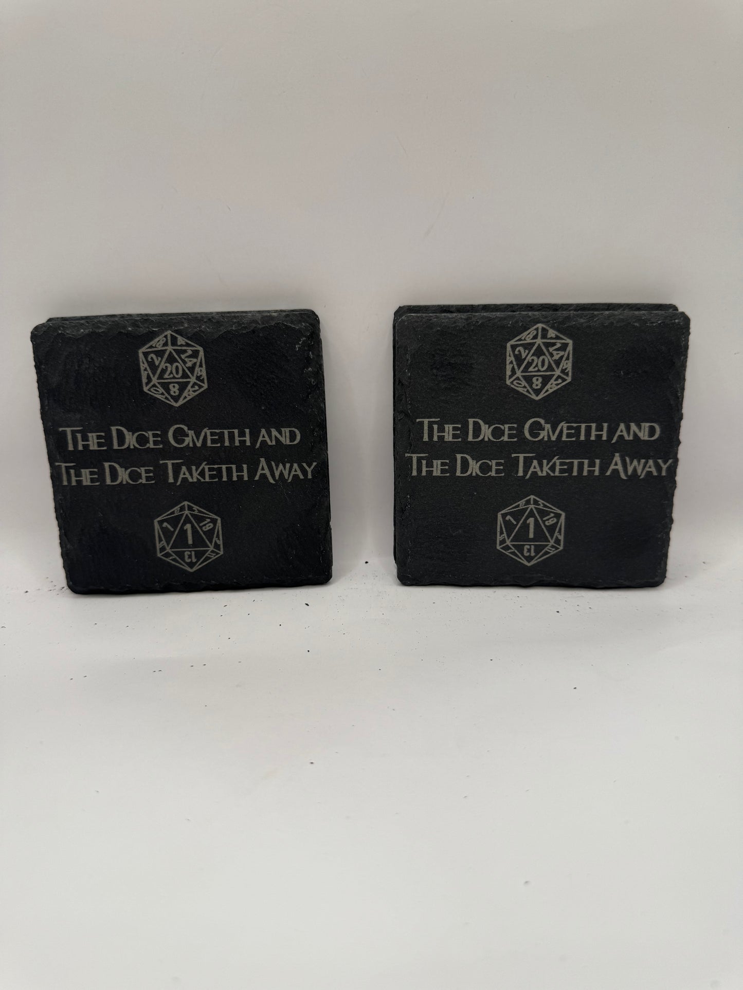 D20 Slate Coasters for Tabletop Gaming, Black with Dice Design, Set of 4