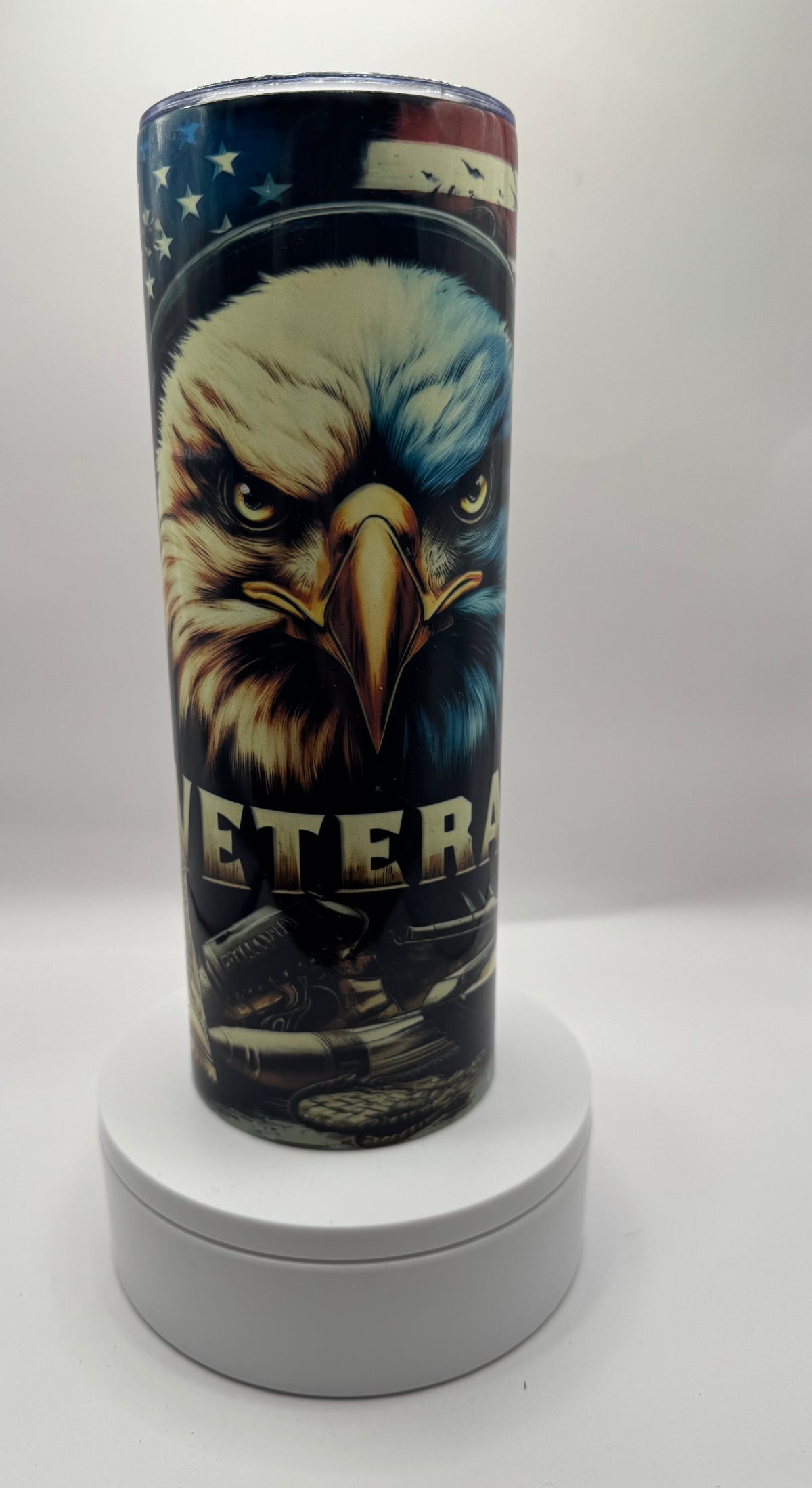 Veteran Military Stainless Steel Tumbler, 20oz, Patriotic Eagle Design with American Flag, Military Combat Theme
