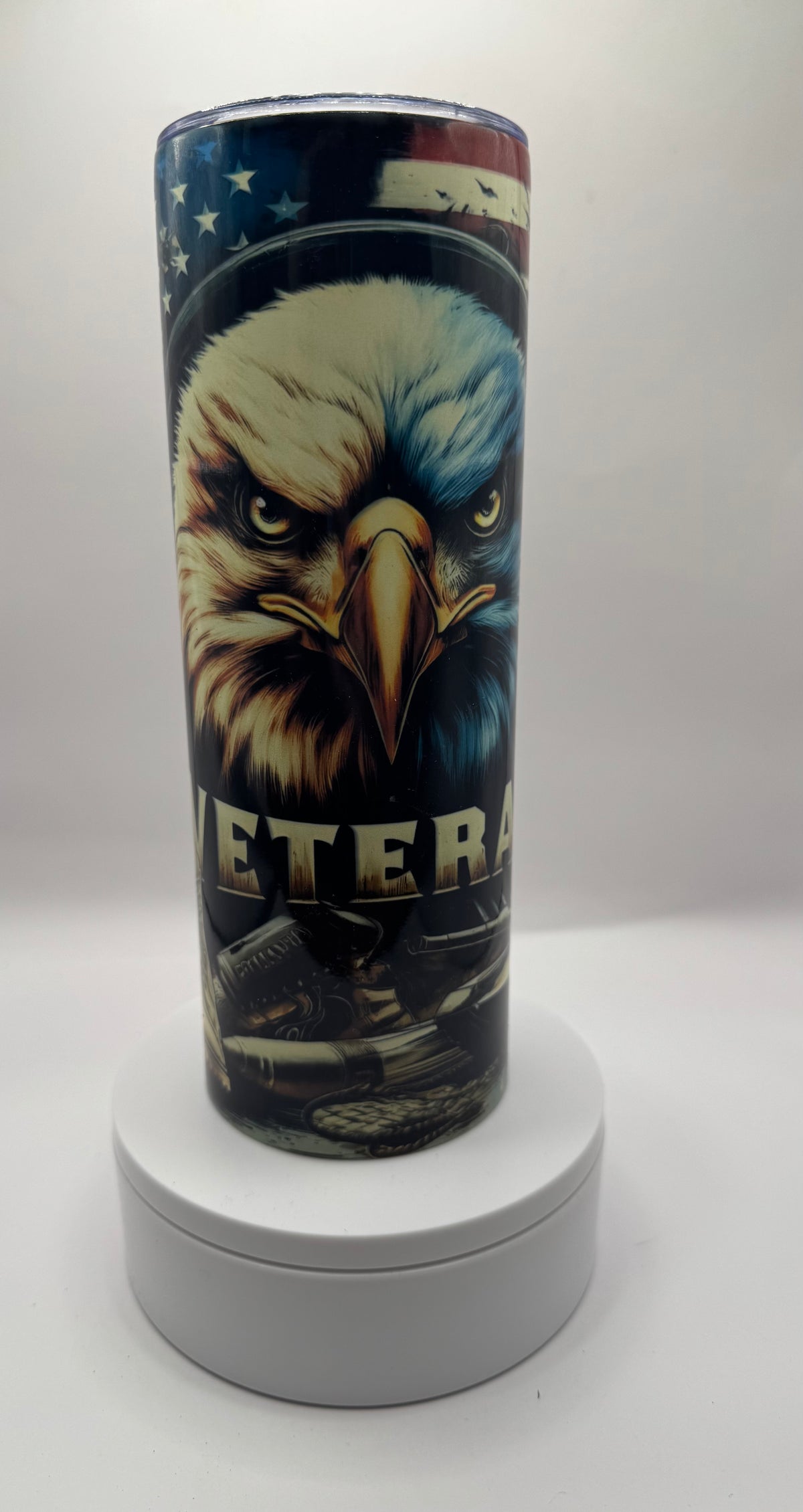 Veteran Military Stainless Steel Tumbler, 20oz, Patriotic Eagle Design with American Flag, Military Combat Theme