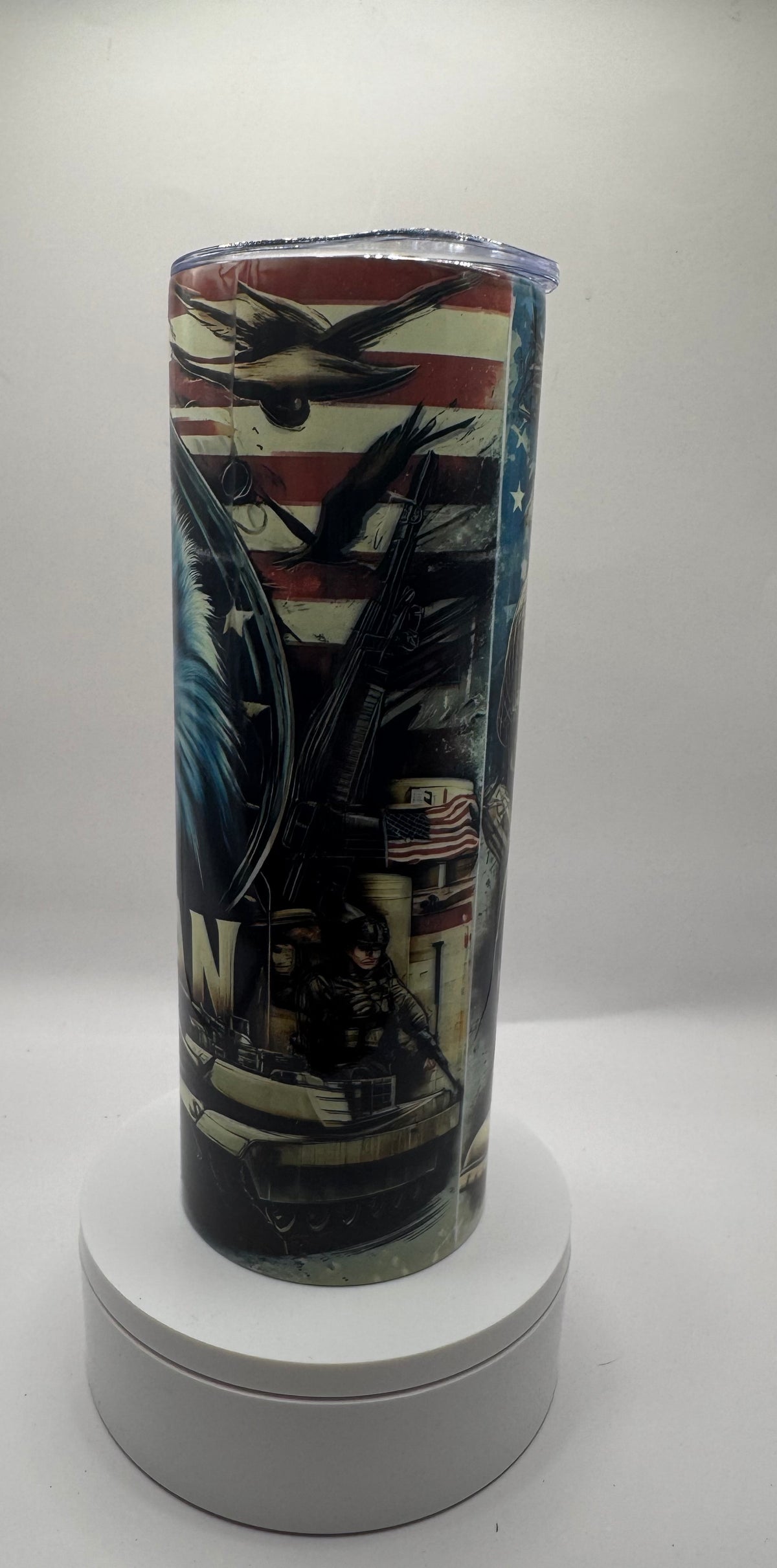 Veteran Military Stainless Steel Tumbler, 20oz, Patriotic Eagle Design with American Flag, Military Combat Theme