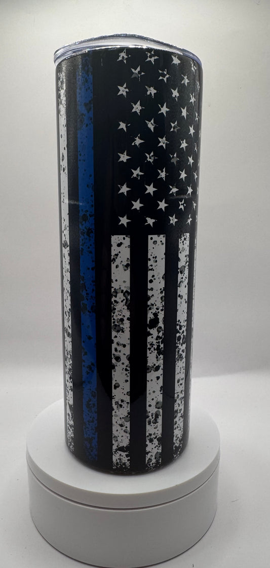 Thin Blue Line American Flag Tumbler, 20oz Stainless Steel Travel Mug, Distressed Design