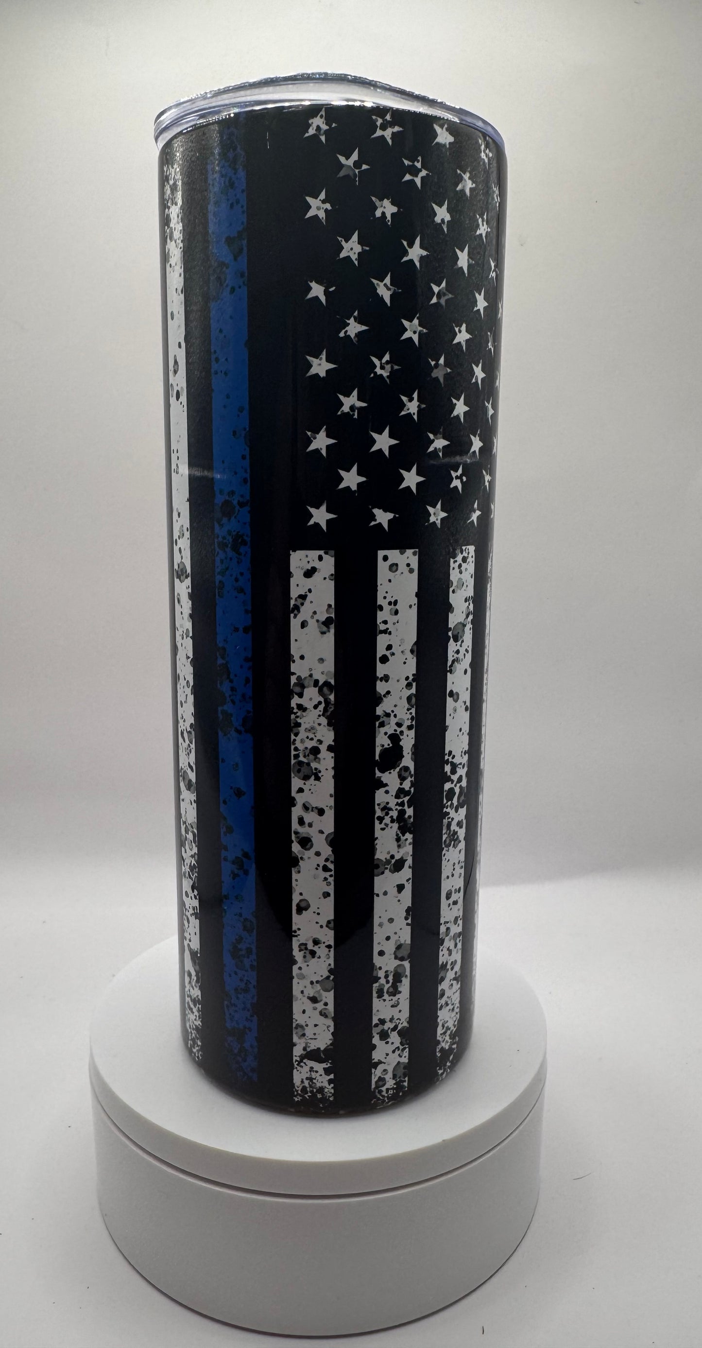 Thin Blue Line American Flag Tumbler, 20oz Stainless Steel Travel Mug, Distressed Design