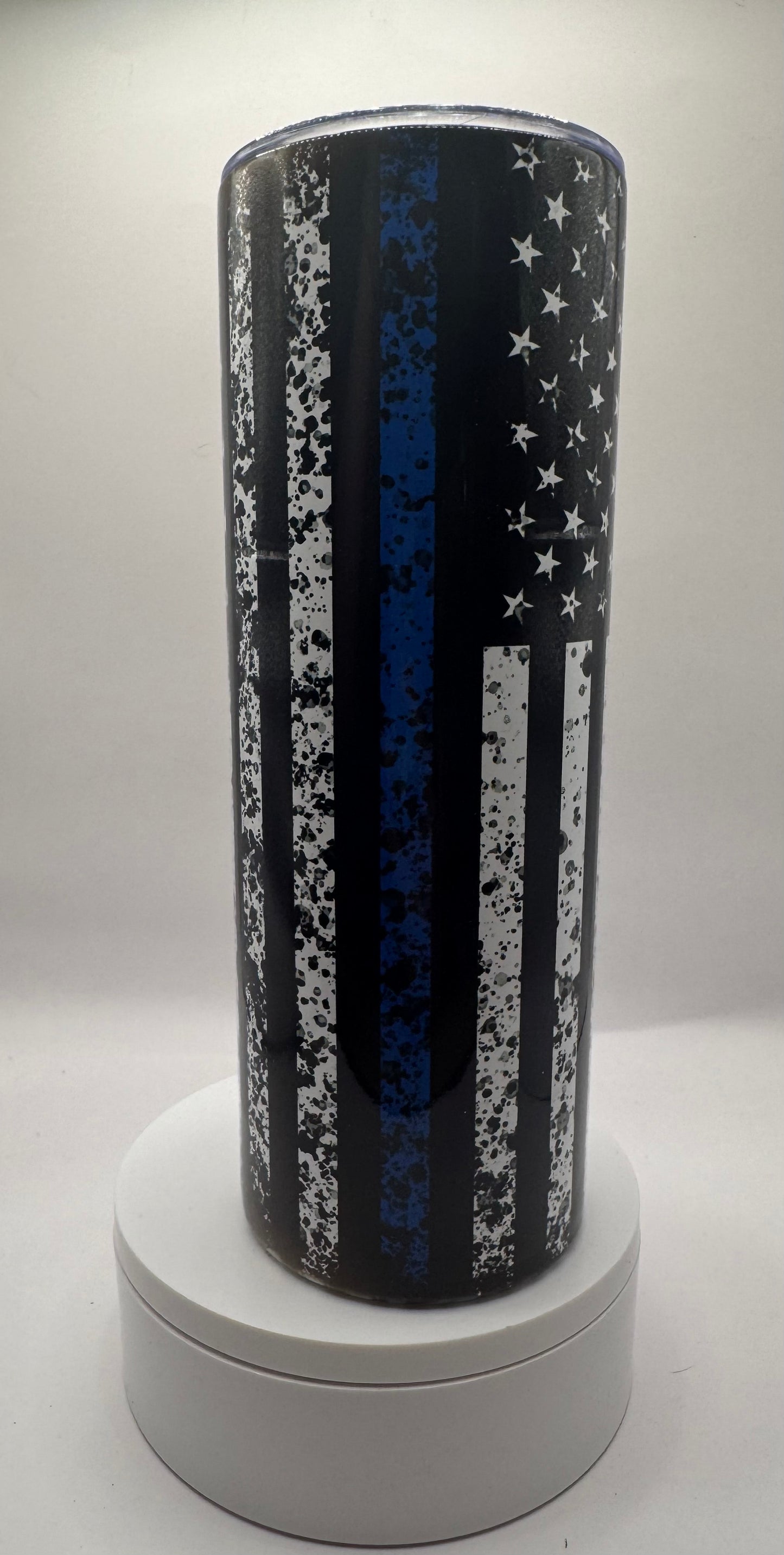 Thin Blue Line American Flag Tumbler, 20oz Stainless Steel Travel Mug, Distressed Design