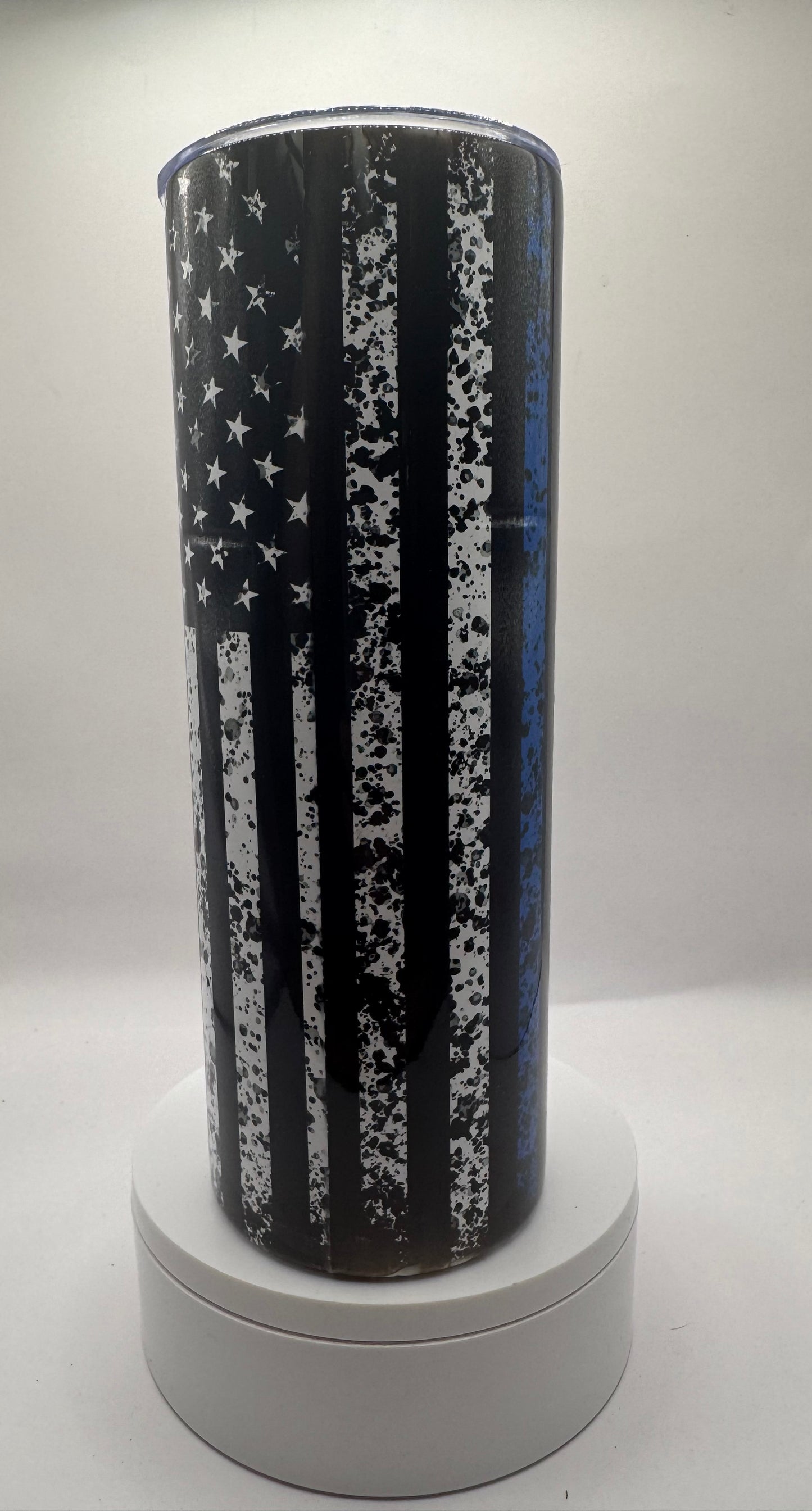 Thin Blue Line American Flag Tumbler, 20oz Stainless Steel Travel Mug, Distressed Design