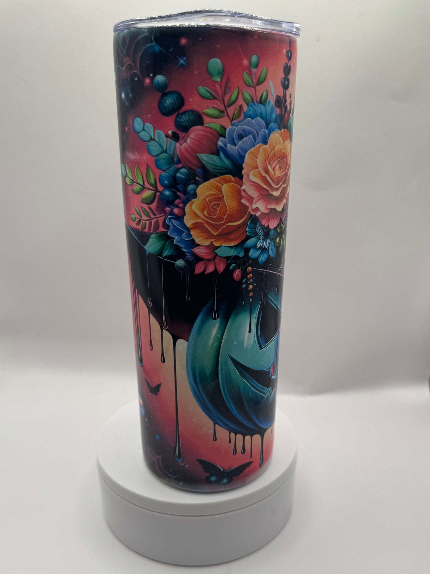 Halloween Gothic Tumbler, 20oz Stainless Steel Travel Mug, Floral Pumpkin Design, Double Wall Insulated Cup