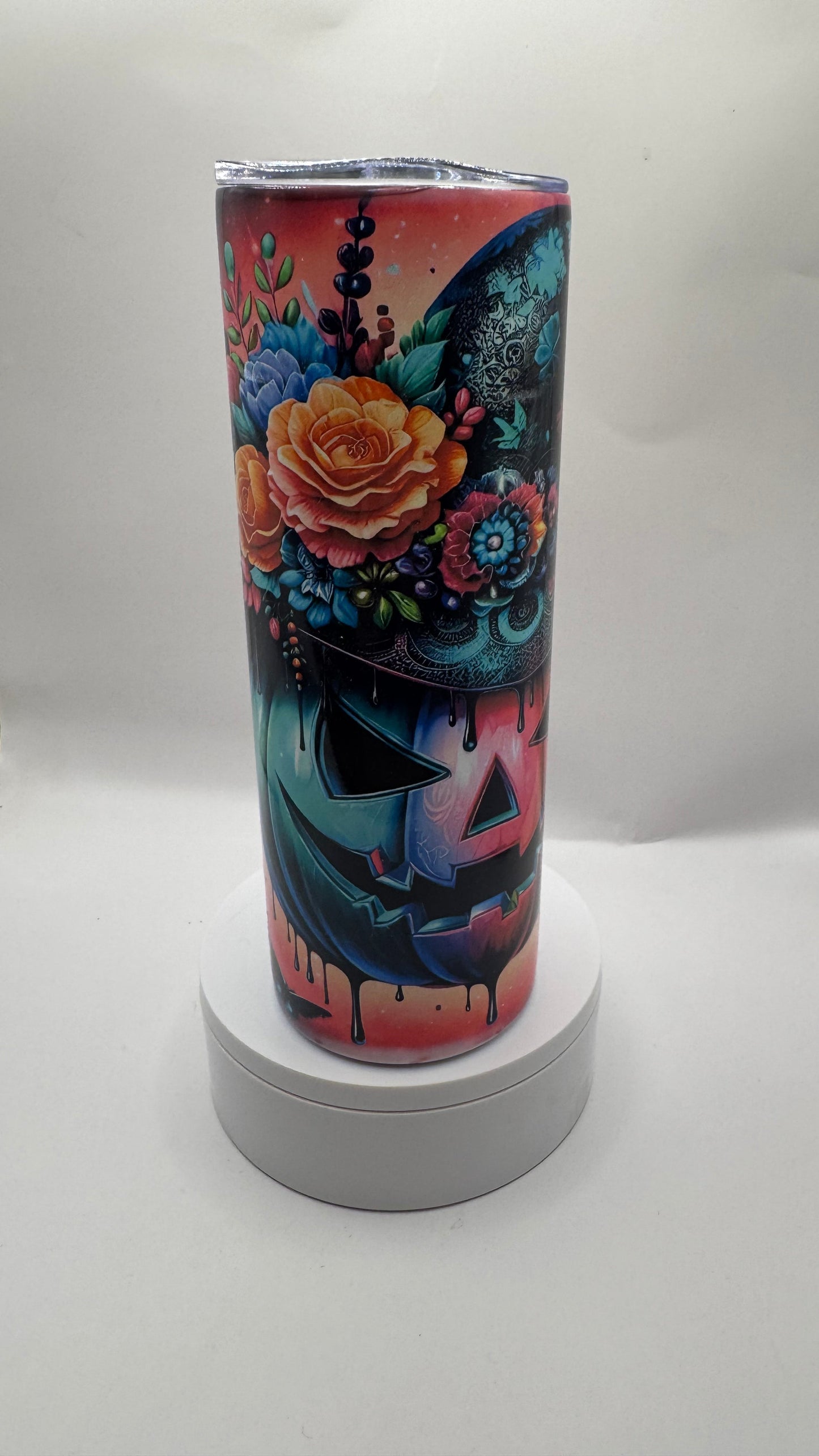 Halloween Gothic Tumbler, 20oz Stainless Steel Travel Mug, Floral Pumpkin Design, Double Wall Insulated Cup