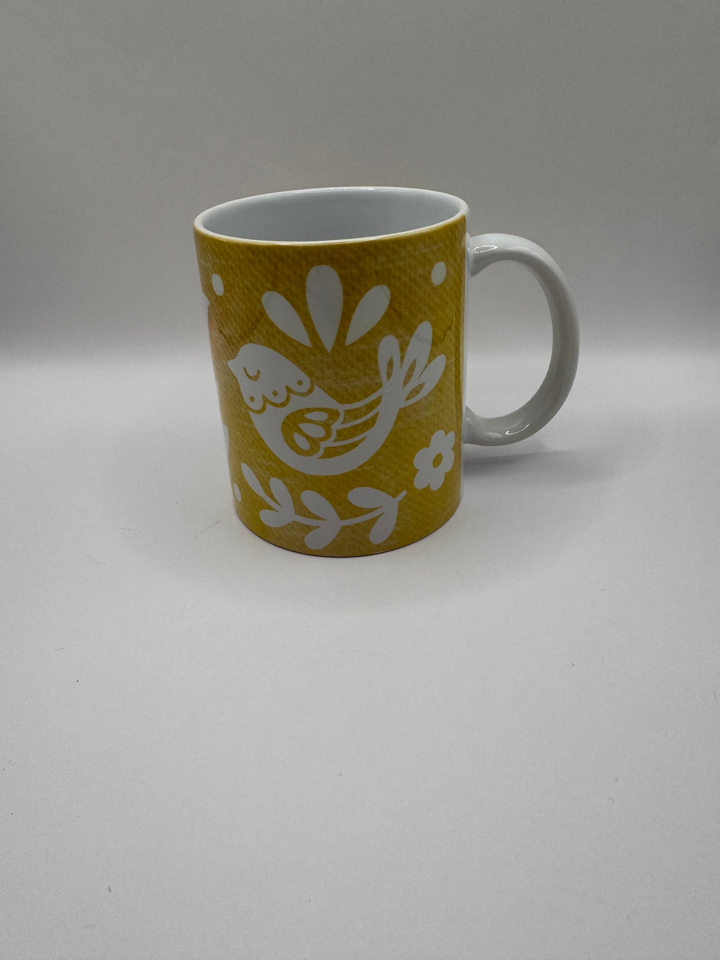Ceramic Coffee Mug with Floral Pattern, Yellow, White Interior, Tea Cup with Handle
