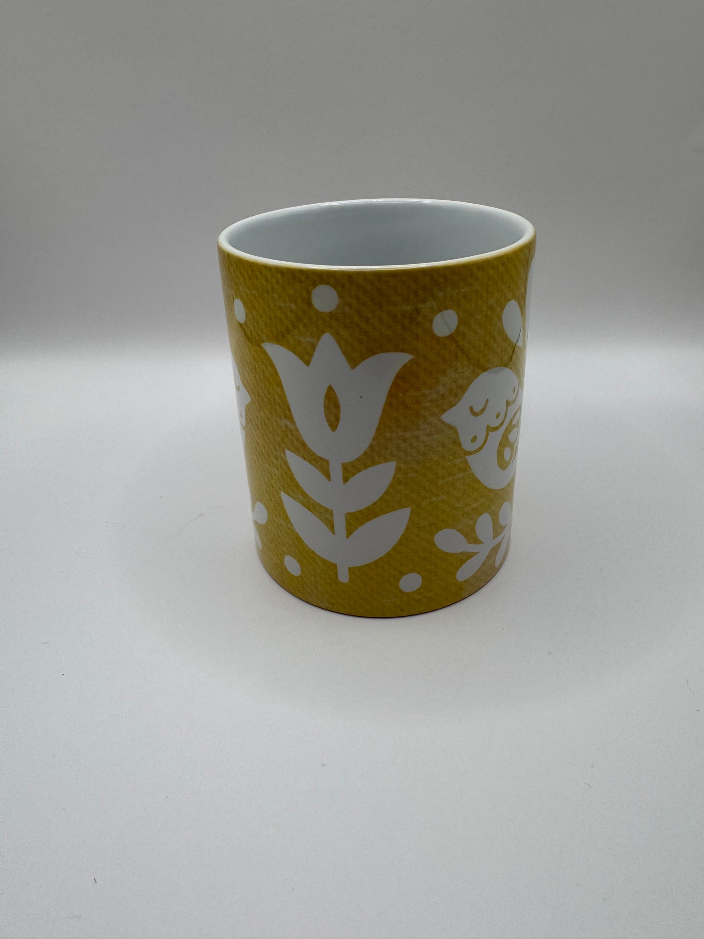 Ceramic Coffee Mug with Floral Pattern, Yellow, White Interior, Tea Cup with Handle