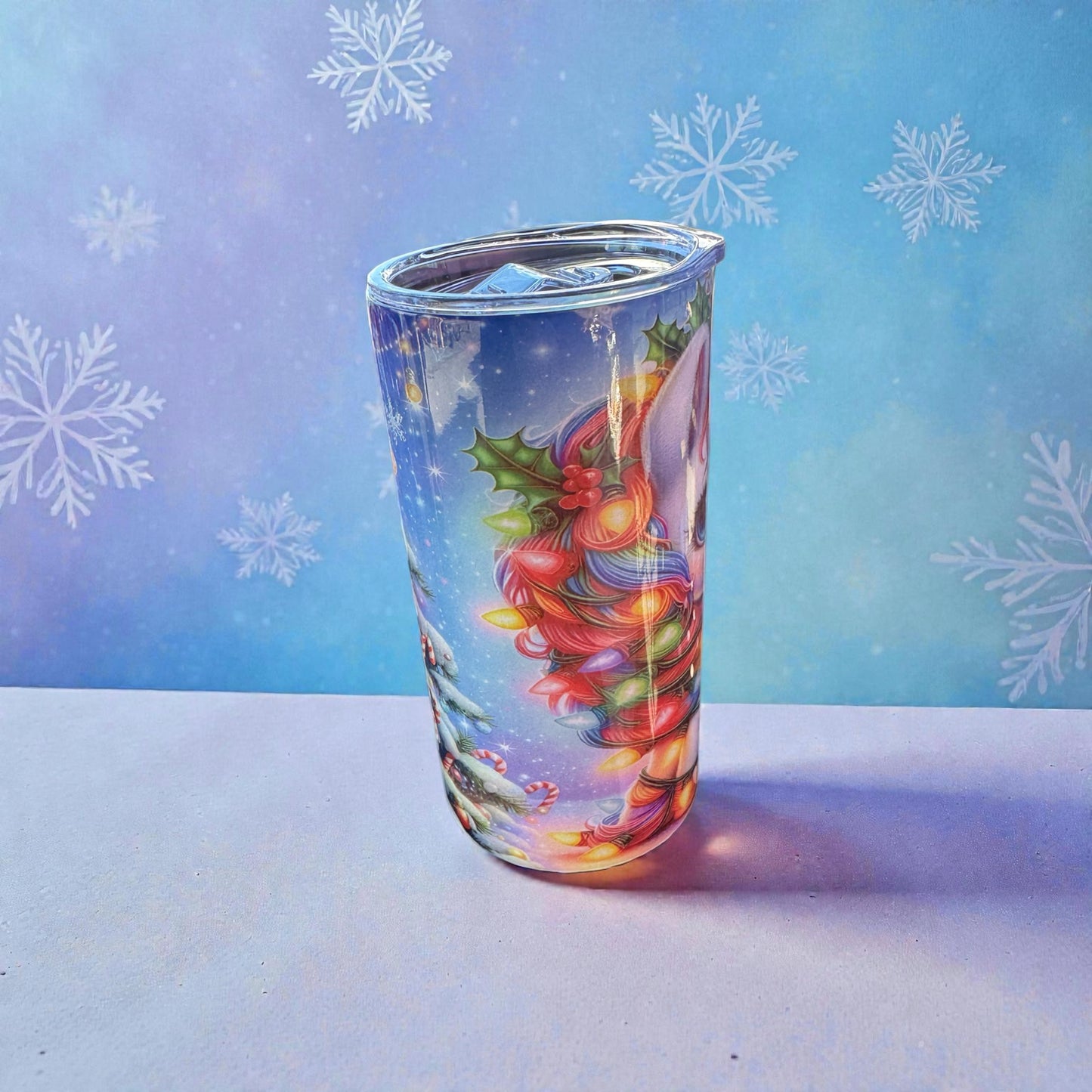 Whimsical Fantasy Art Tumbler, Double Wall Insulated Cup with Lid, Rainbow Design, Clear Acrylic Travel Mug, Holiday Theme Drinkware