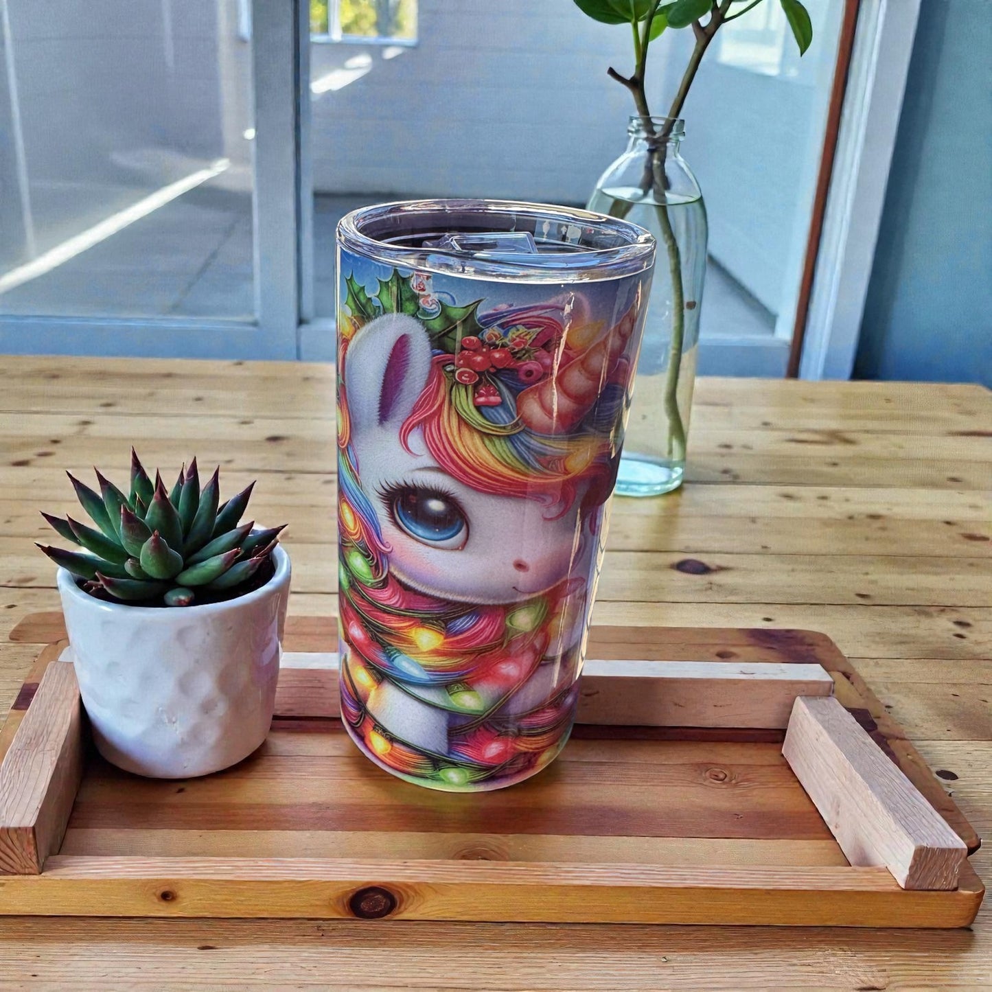 Whimsical Fantasy Art Tumbler, Double Wall Insulated Cup with Lid, Rainbow Design, Clear Acrylic Travel Mug, Holiday Theme Drinkware