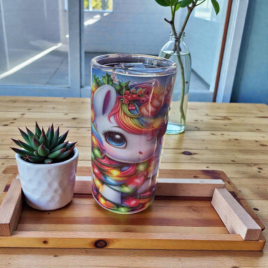 Whimsical Fantasy Art Tumbler, Double Wall Insulated Cup with Lid, Rainbow Design, Clear Acrylic Travel Mug, Holiday Theme Drinkware