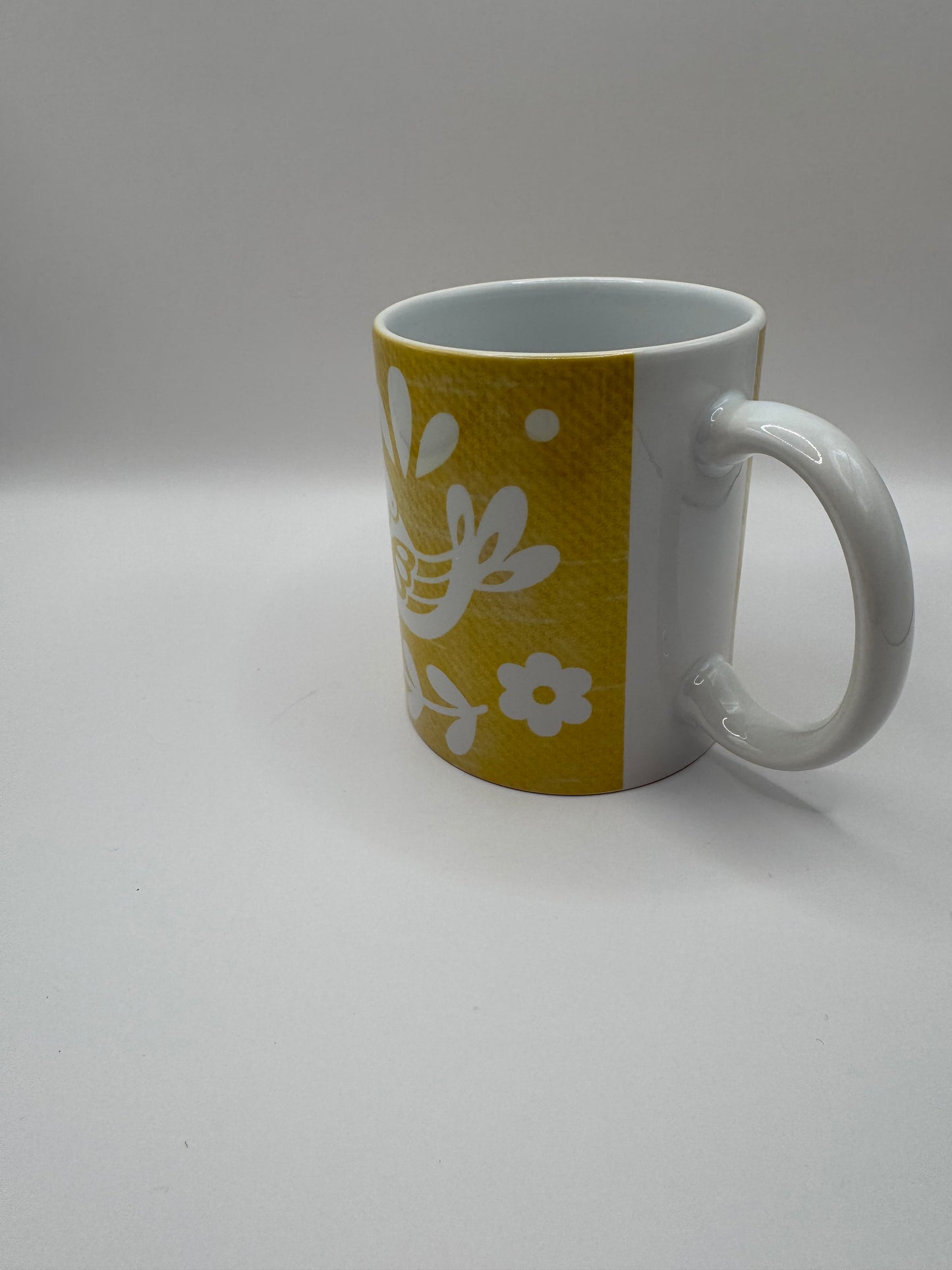 Ceramic Coffee Mug with Floral Pattern, Yellow, White Interior, Tea Cup with Handle