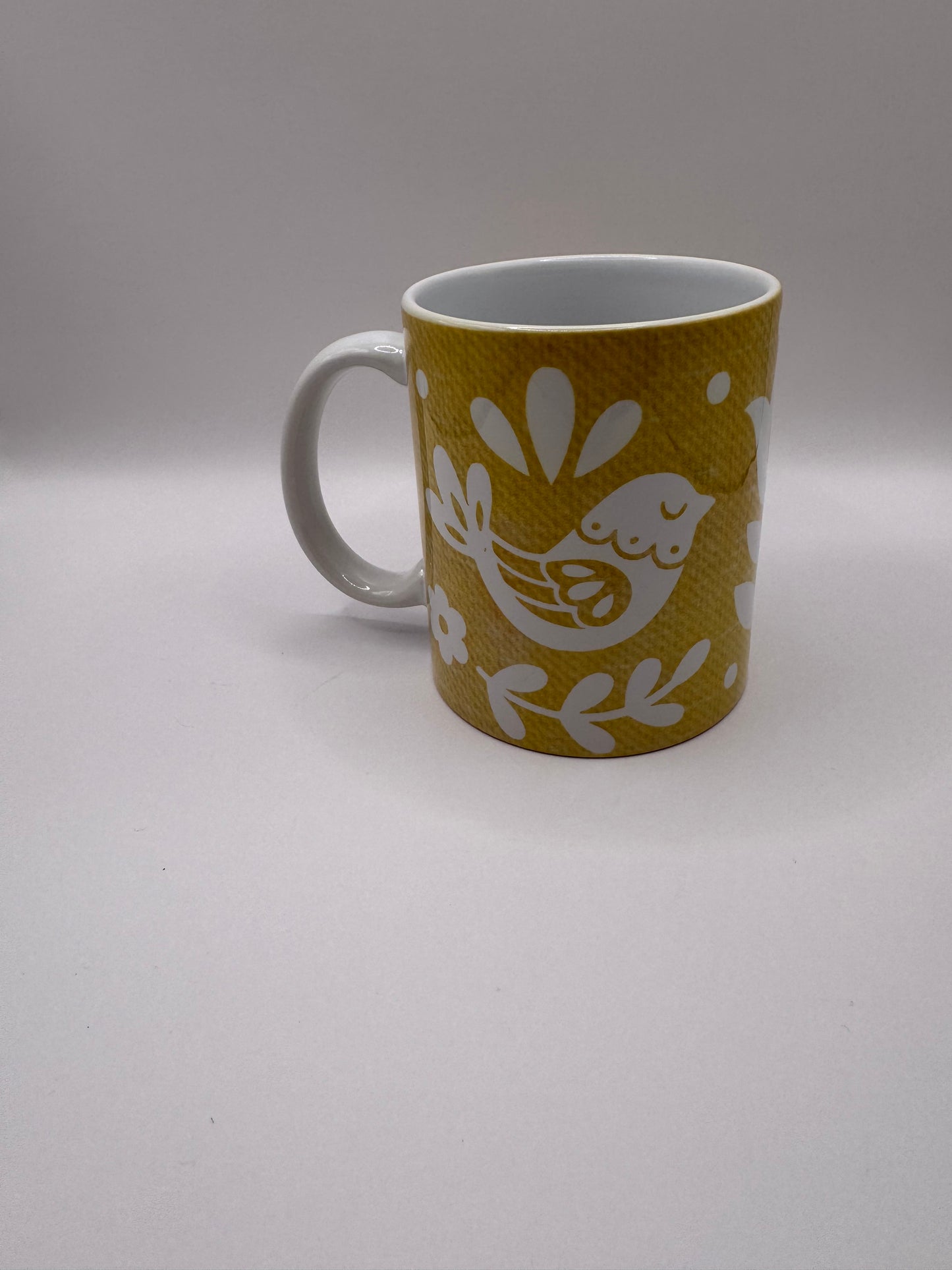 Ceramic Coffee Mug with Floral Pattern, Yellow, White Interior, Tea Cup with Handle
