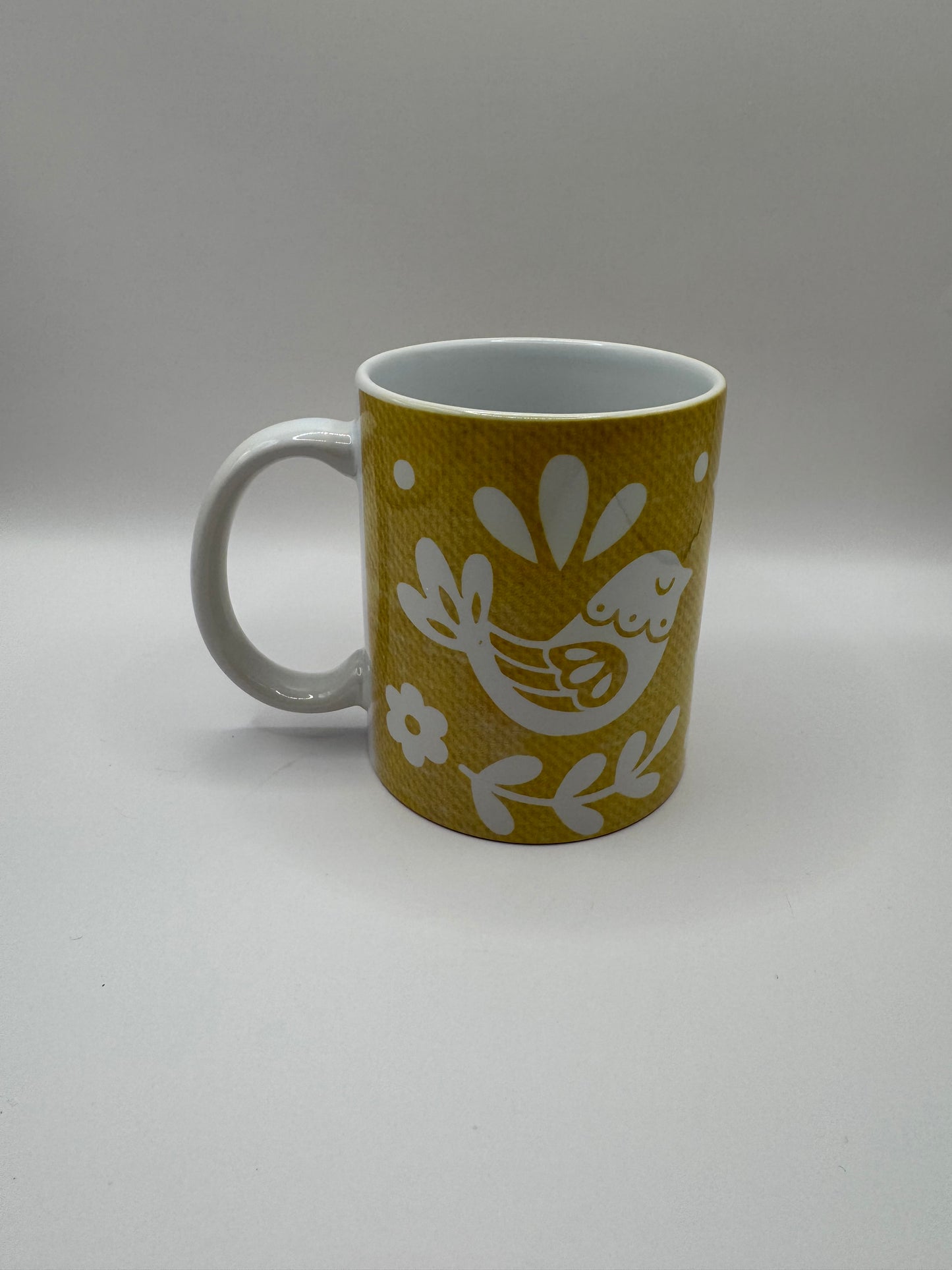 Ceramic Coffee Mug with Floral Pattern, Yellow, White Interior, Tea Cup with Handle