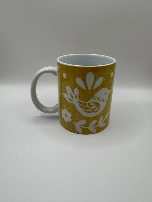 Ceramic Coffee Mug with Floral Pattern, Yellow, White Interior, Tea Cup with Handle