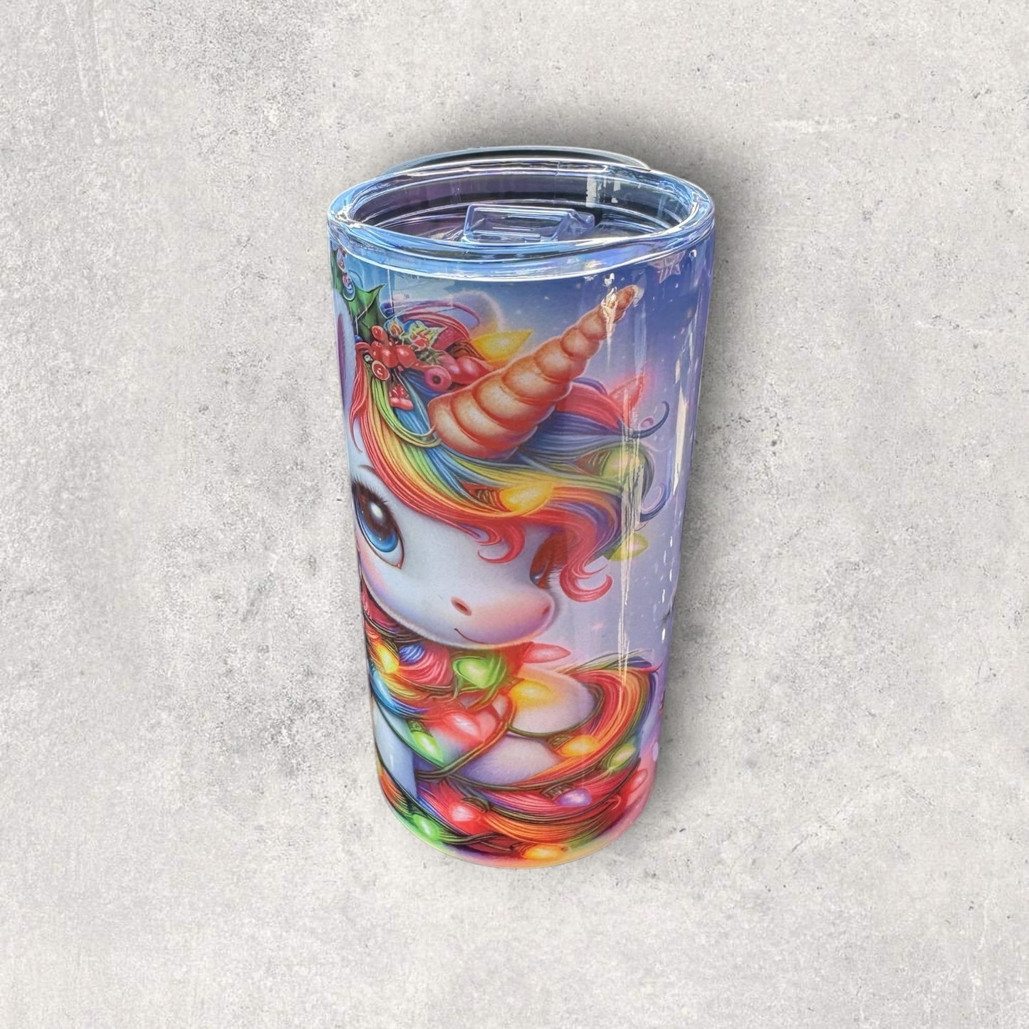 Whimsical Fantasy Art Tumbler, Double Wall Insulated Cup with Lid, Rainbow Design, Clear Acrylic Travel Mug, Holiday Theme Drinkware