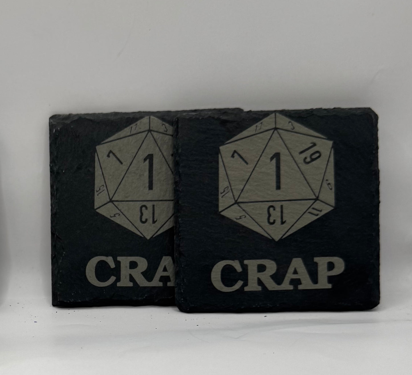 D20 Dice Design Laser Etched Slate Coaster, Black, Critical Fail Theme, Set of 4