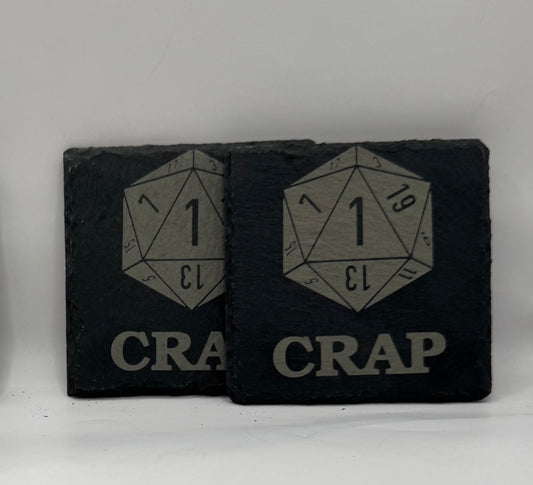D20 Dice Design Laser Etched Slate Coaster, Black, Critical Fail Theme, Set of 4